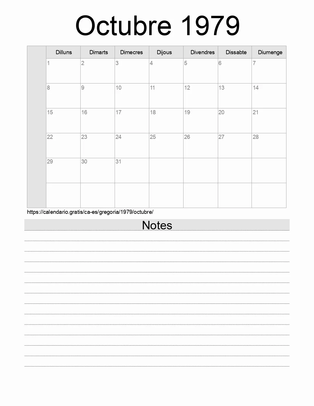 Calendari de Octubre 1979 per imprimir amb notes. (Espanya)