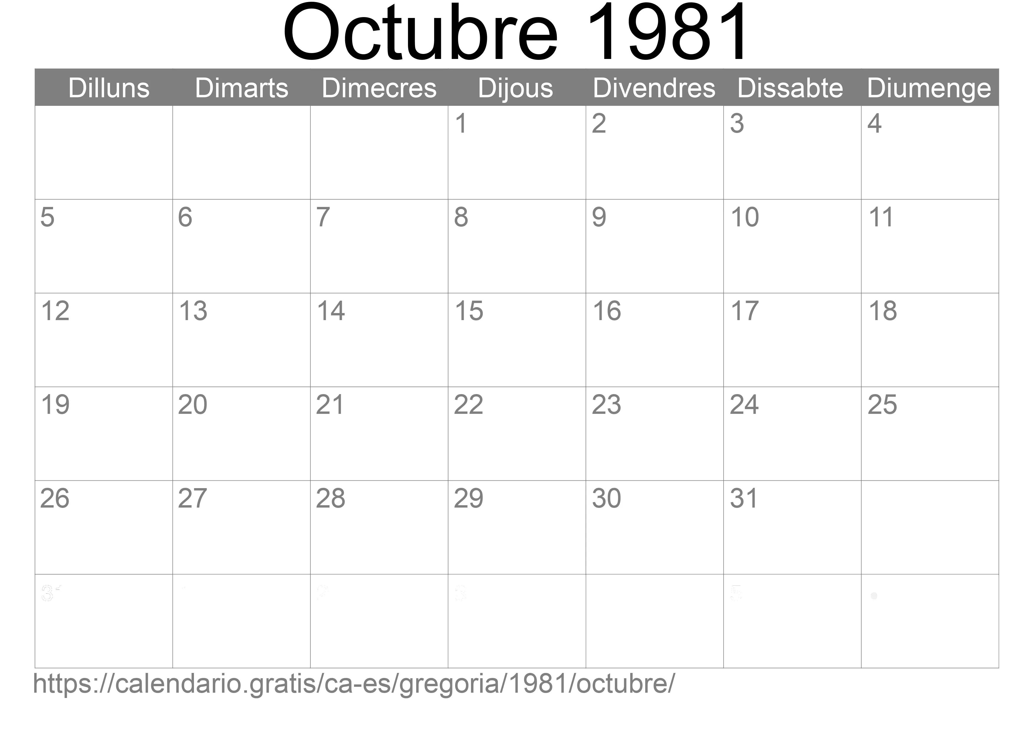 Calendari Octubre 1981 per imprimir (Espanya)