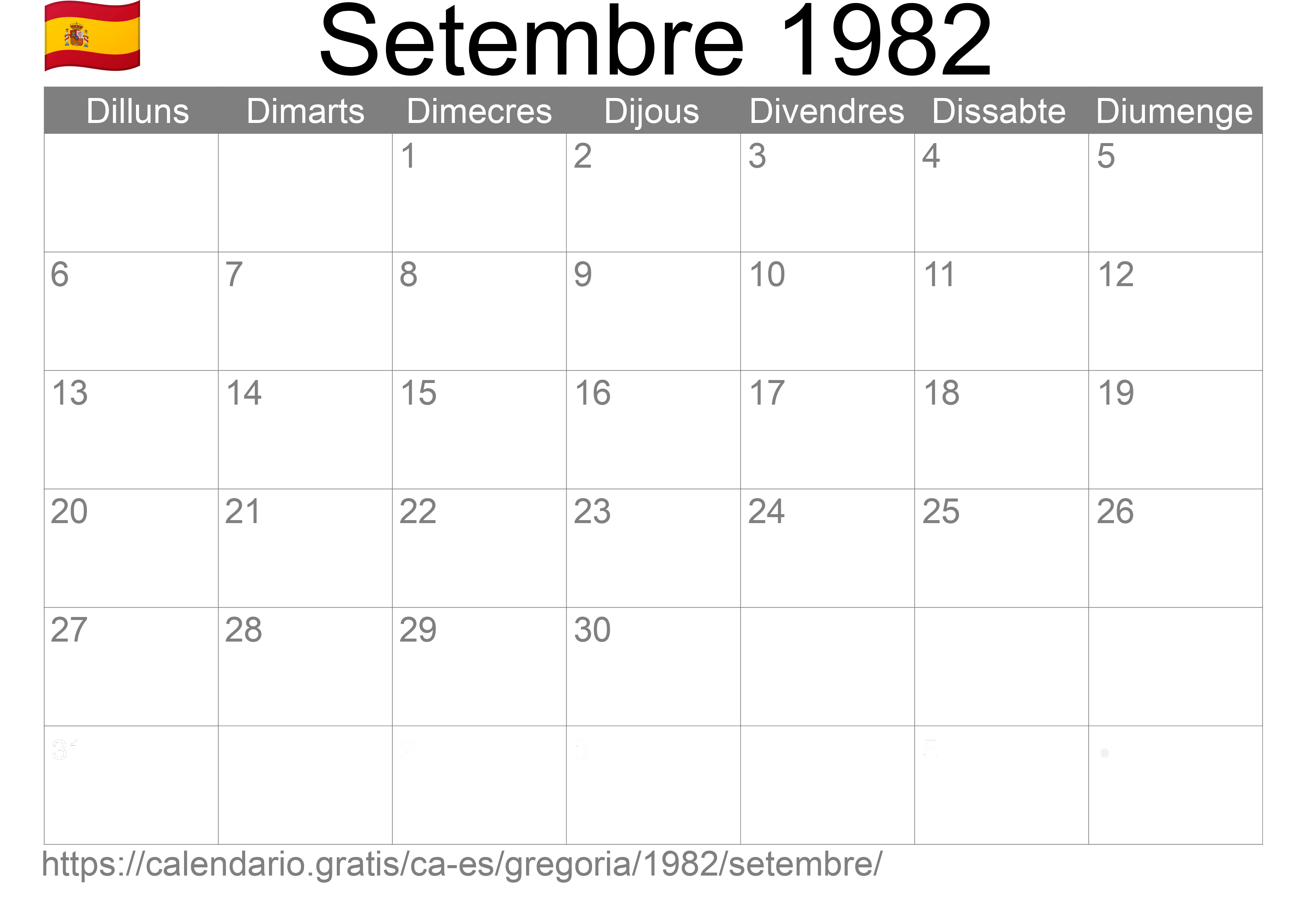 Calendari Setembre 1982 per imprimir