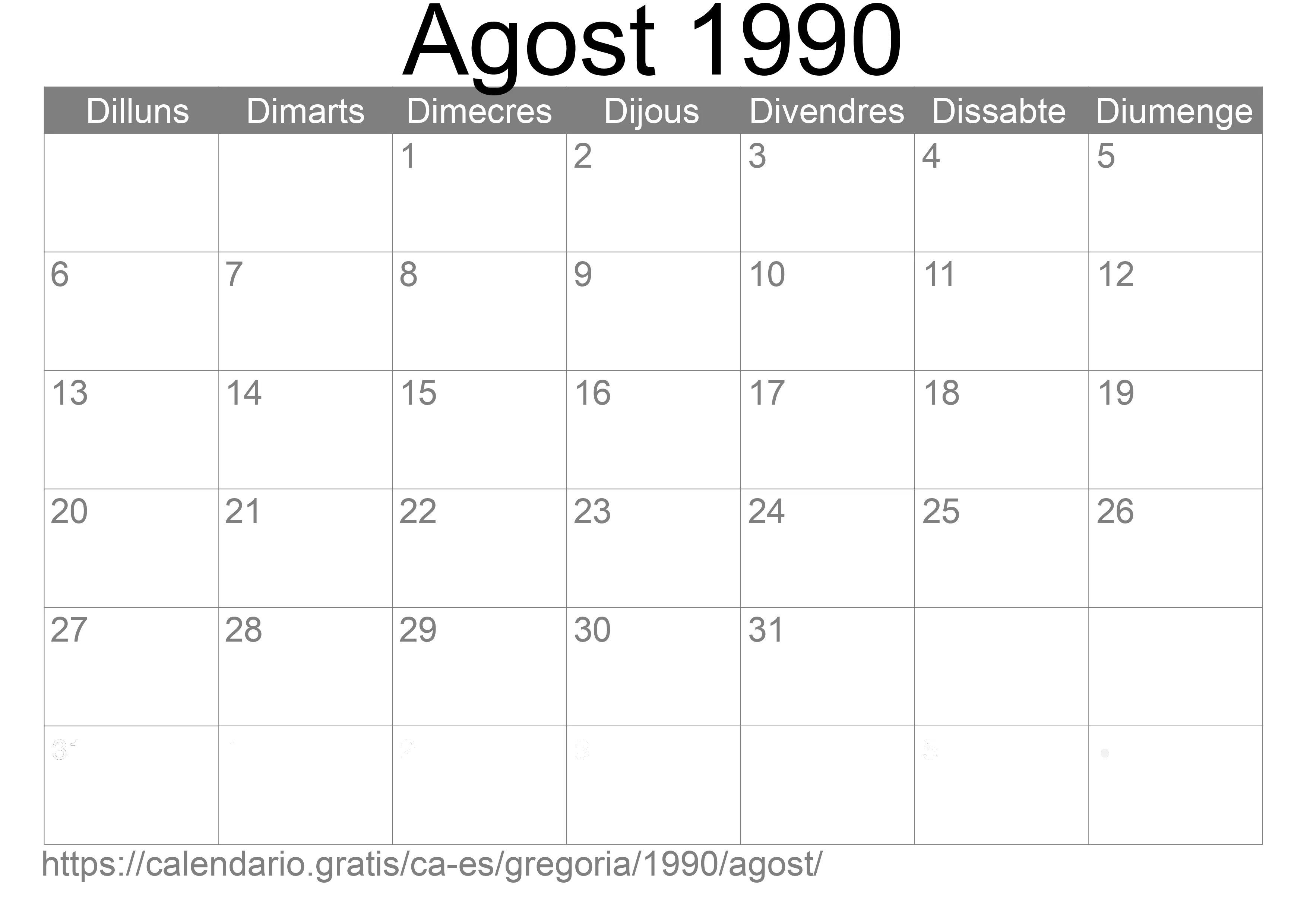 Calendari Agost 1990 per imprimir (Espanya)