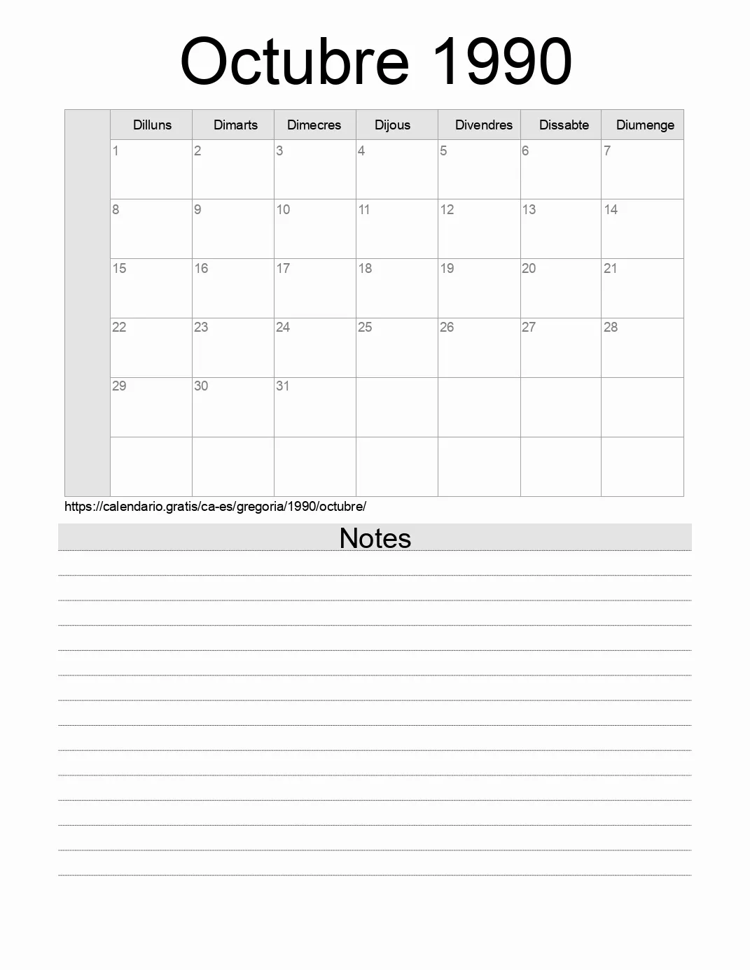 Calendari de Octubre 1990 per imprimir amb notes. (Espanya)