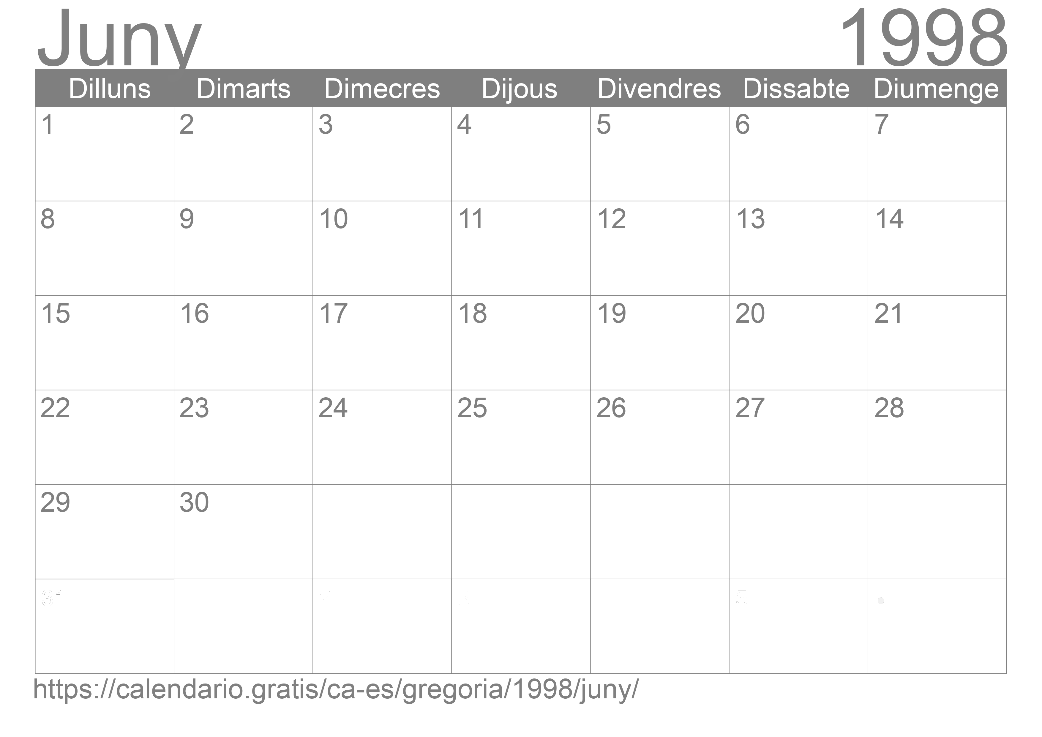 Calendari Juny 1998 per imprimir