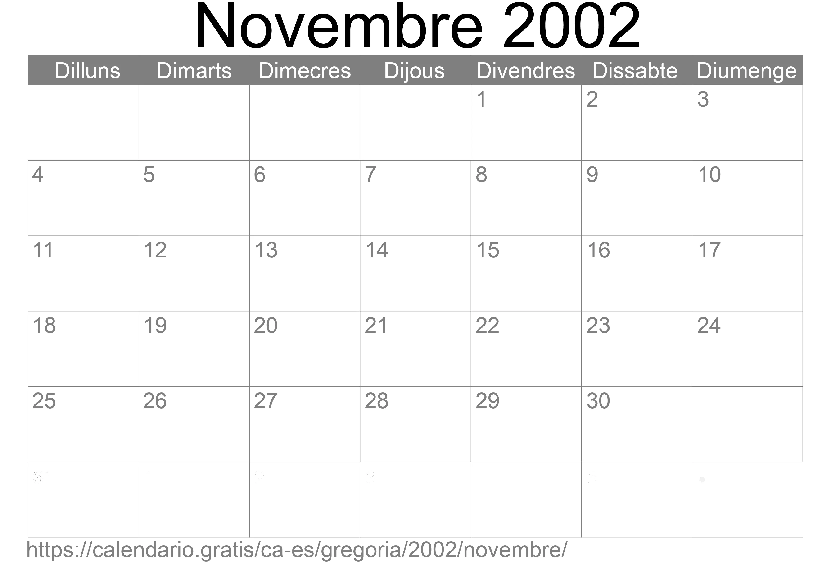 Calendari Novembre 2002 per imprimir (Espanya) Calendari Novembre 2002 per imprimir (Espanya)