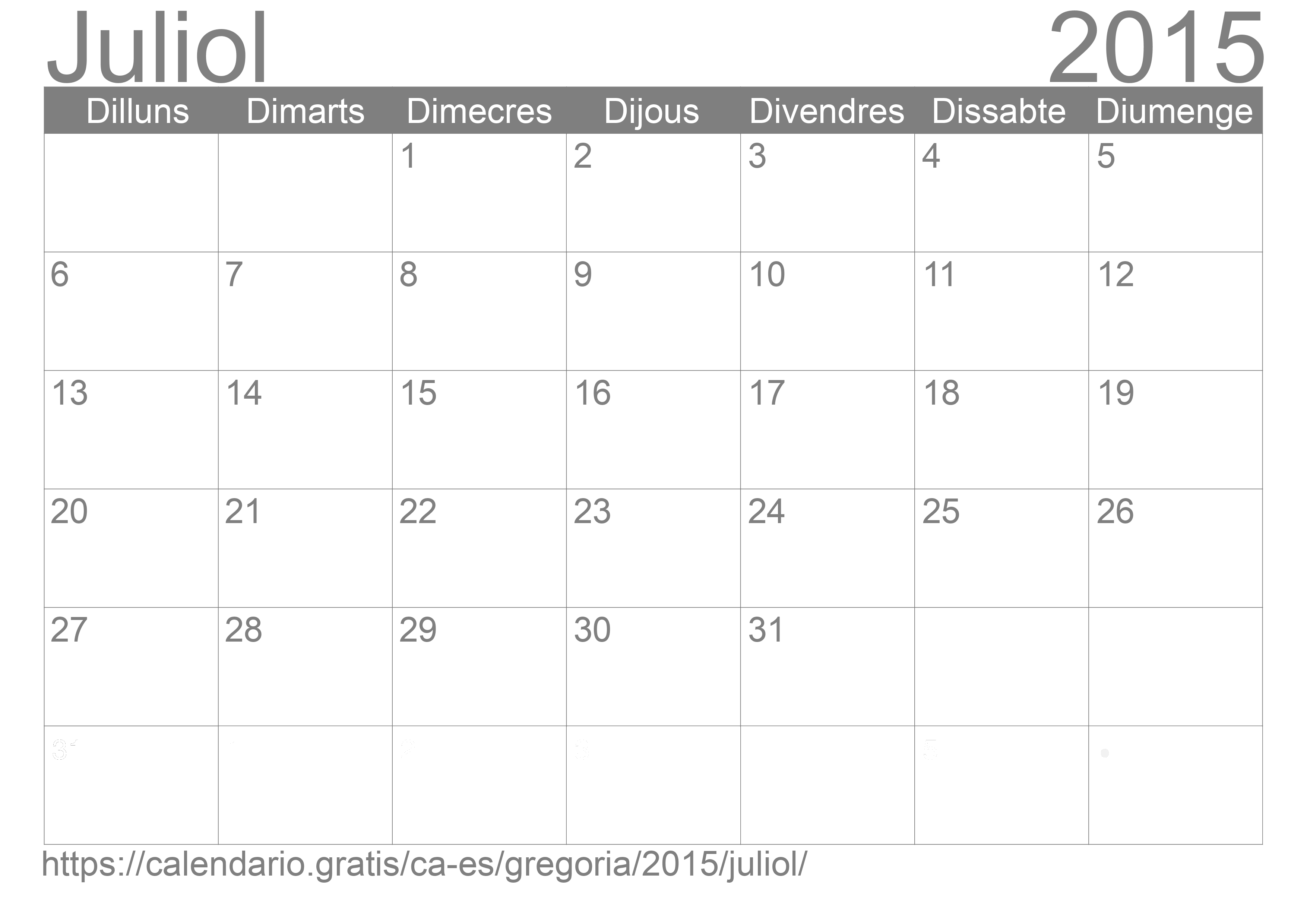 Calendari Juliol 2015 per imprimir