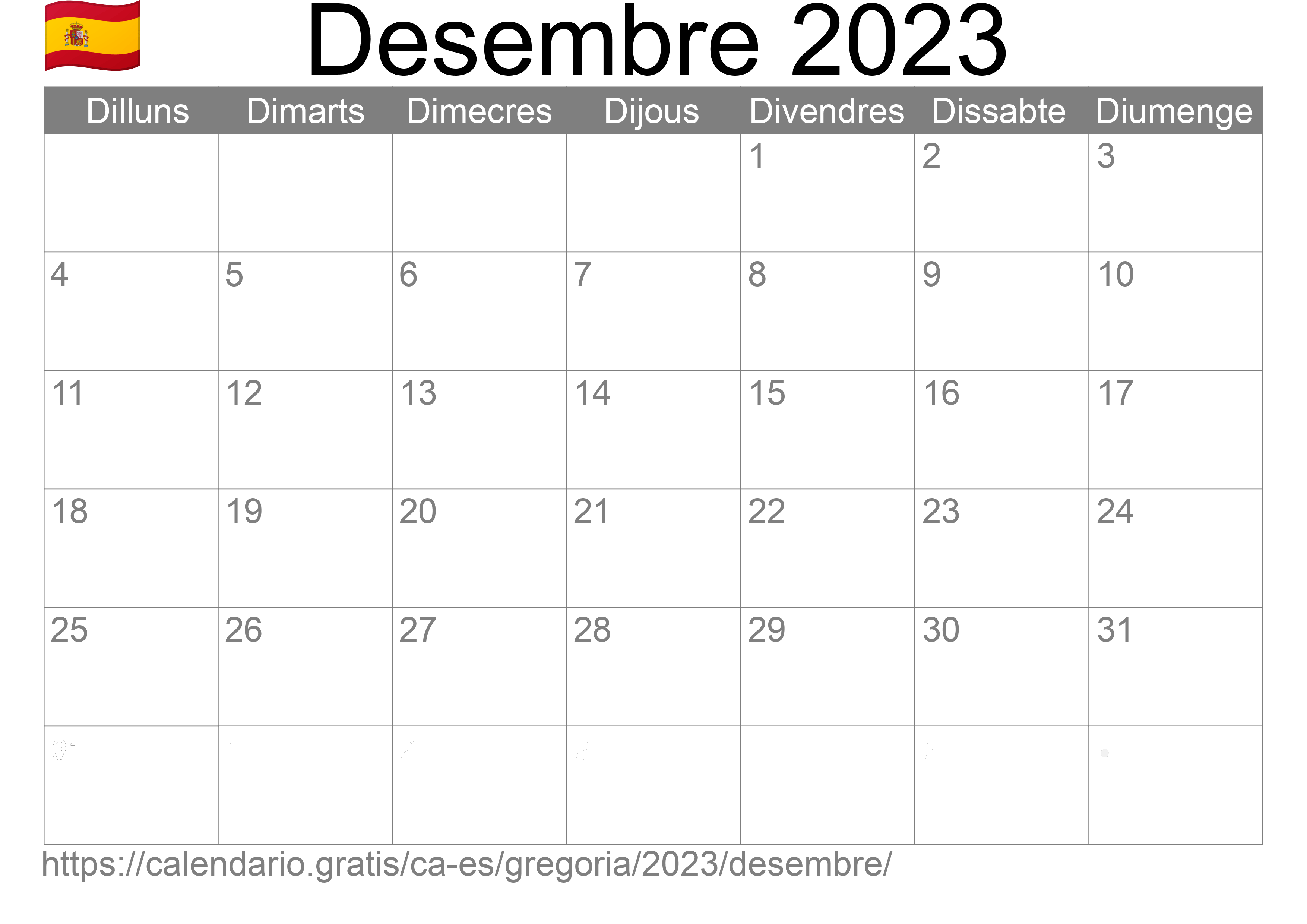 Calendari Desembre 2023 per imprimir