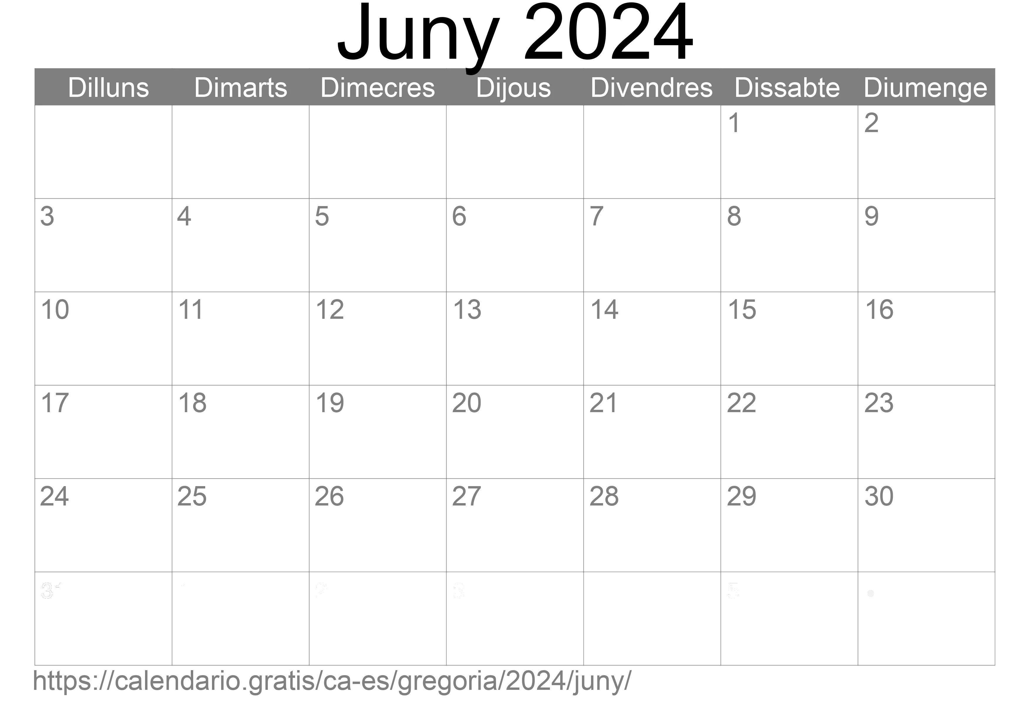 Calendari Juny 2024 per imprimir (Espanya) Calendari Juny 2024 per imprimir (Espanya)