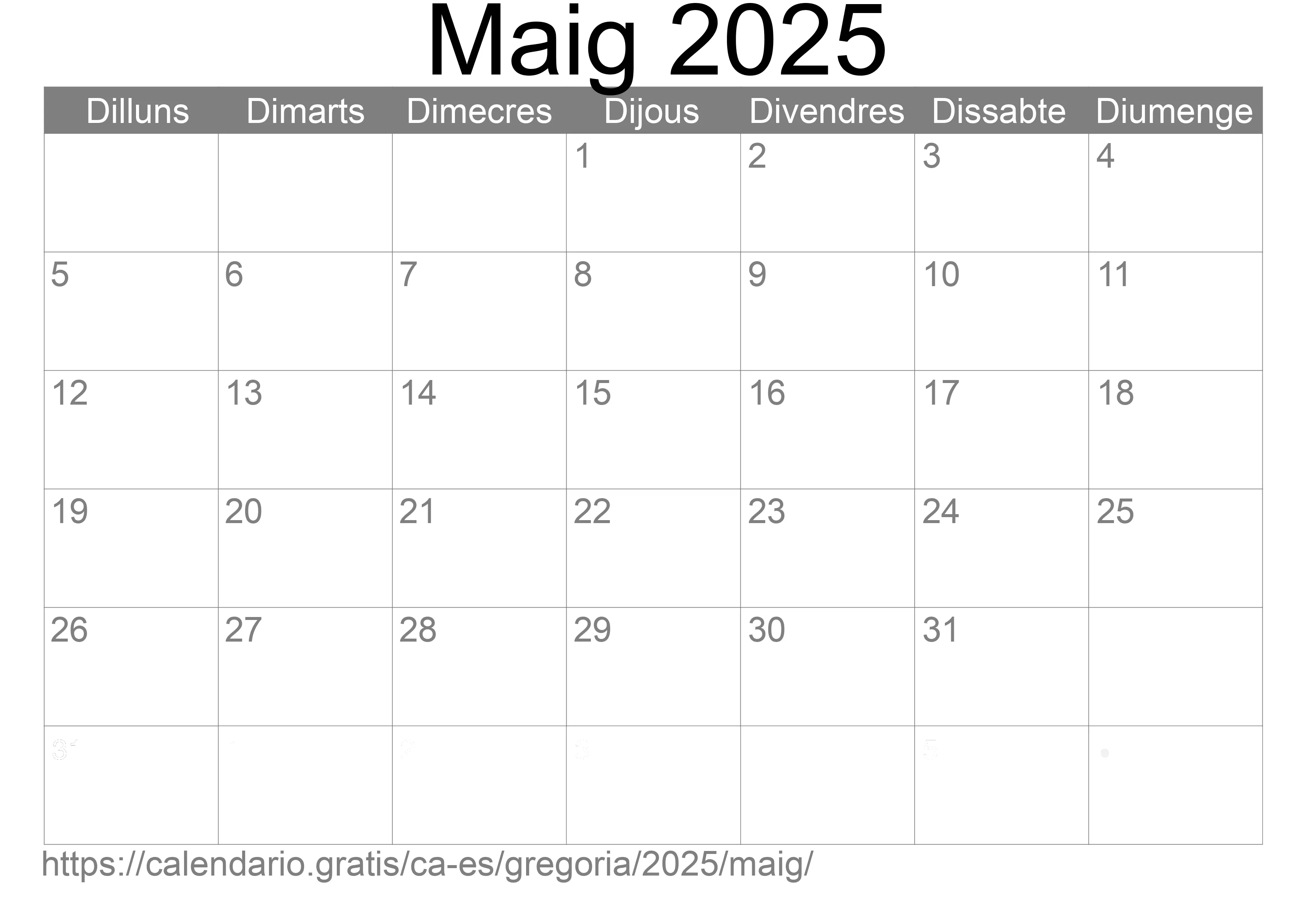 Calendari Maig 2025 per imprimir (Espanya)