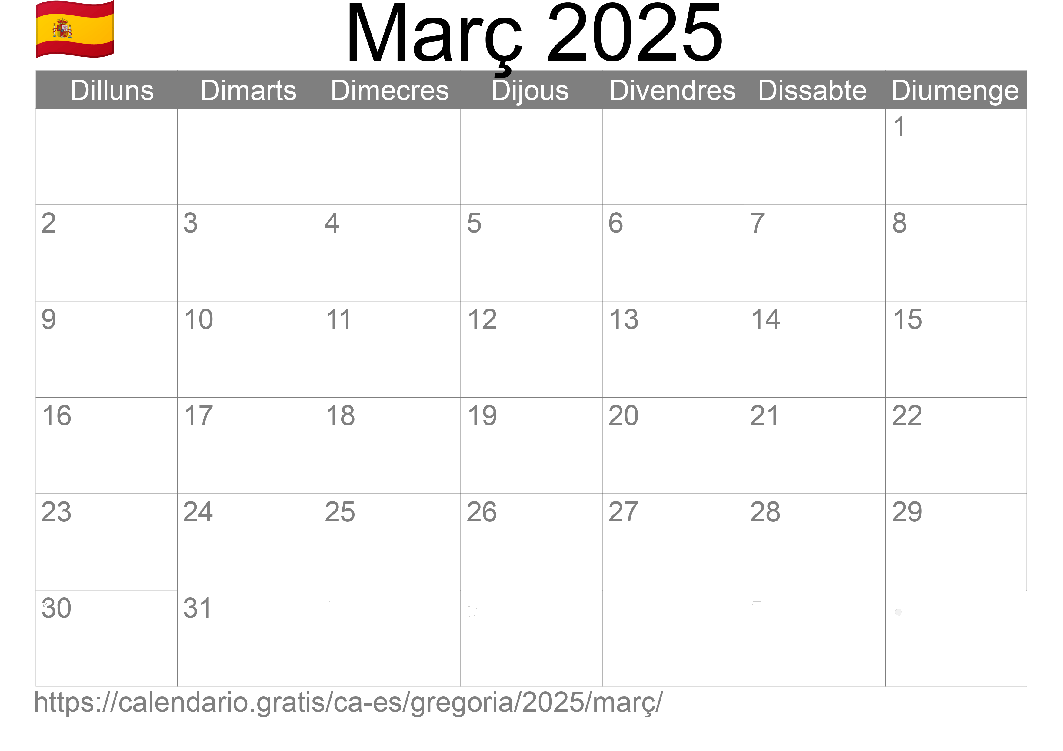 Calendari Març 2025 per imprimir