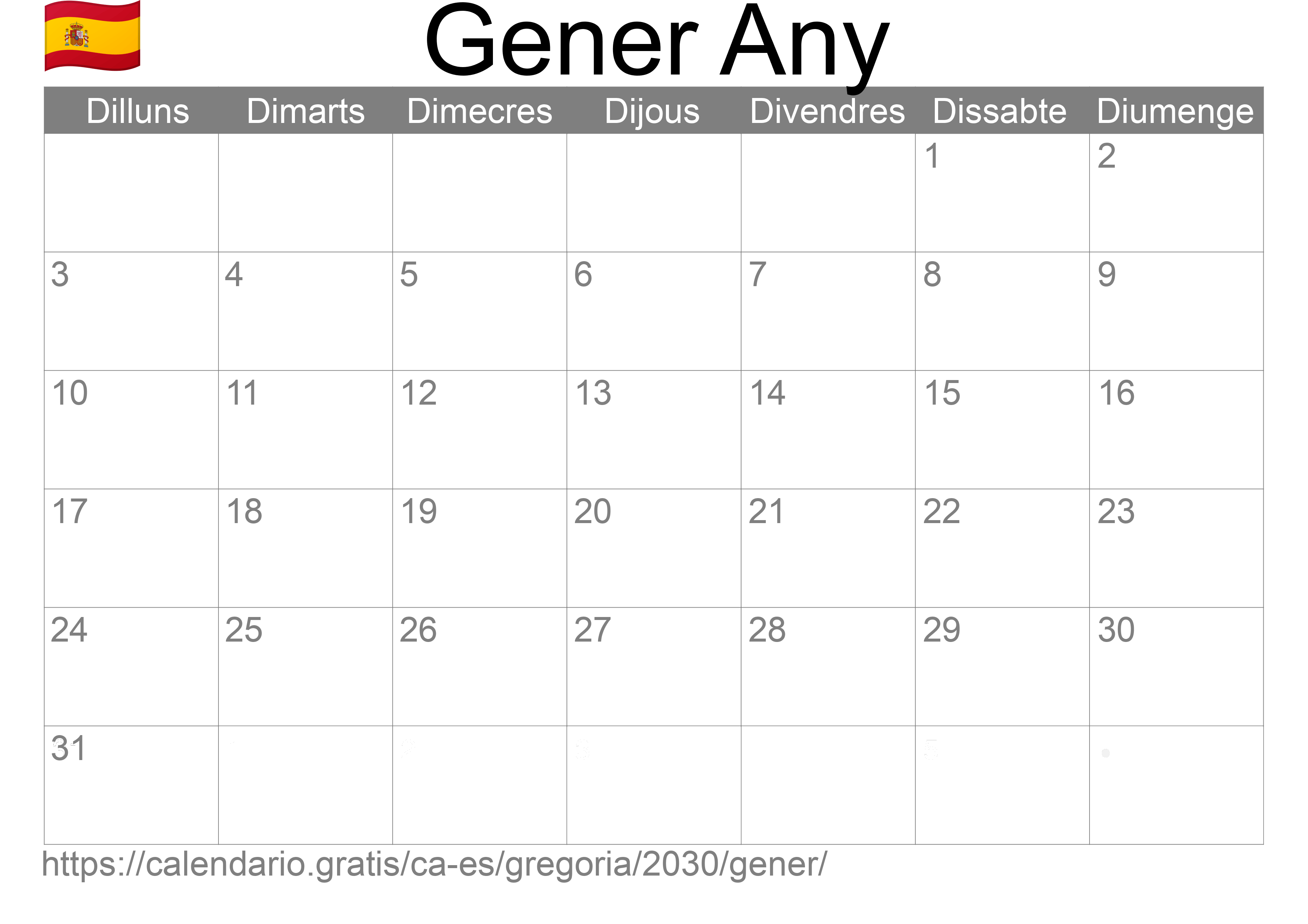 Calendari Gener 2030 per imprimir