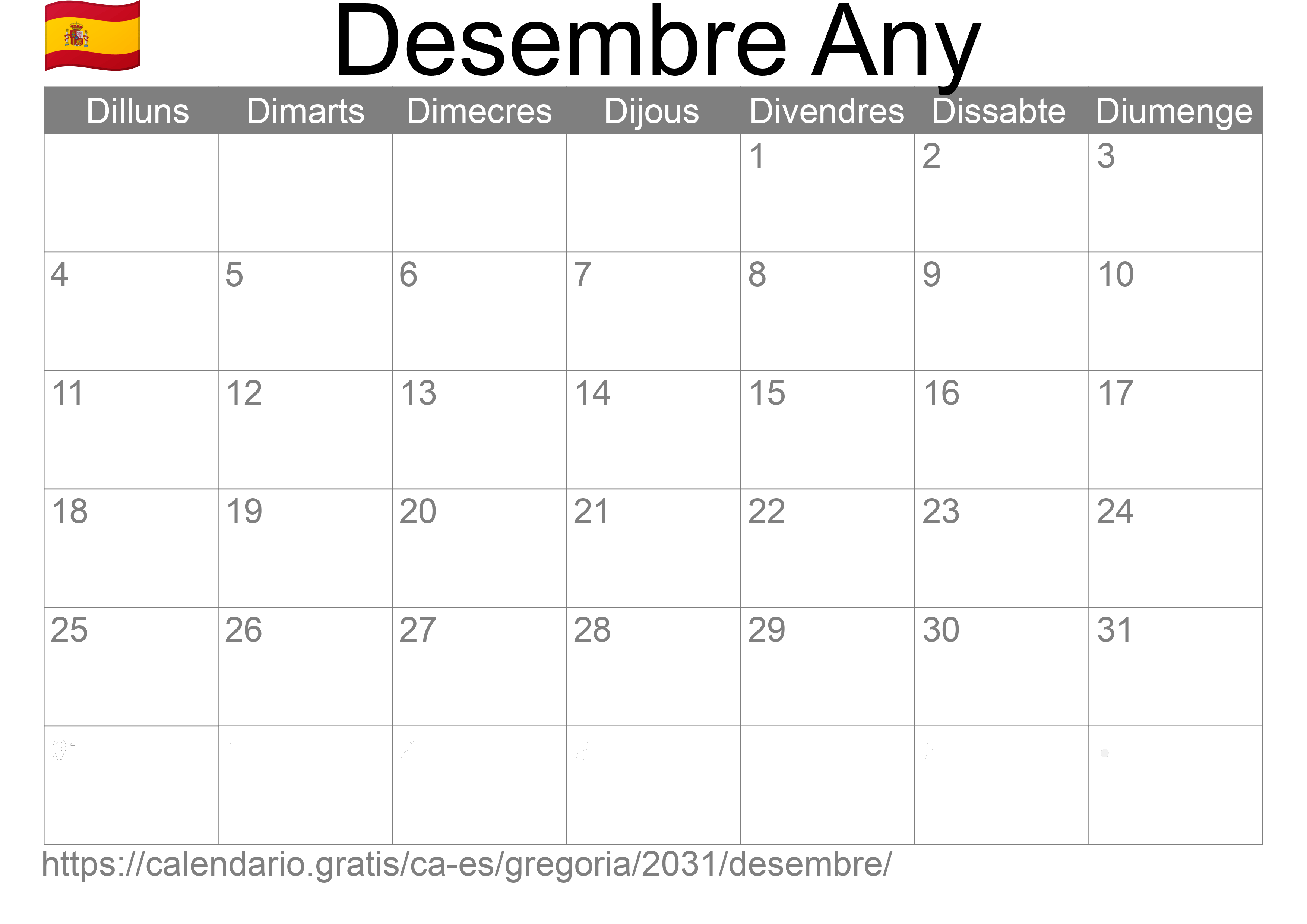 Calendari Desembre 2031 per imprimir