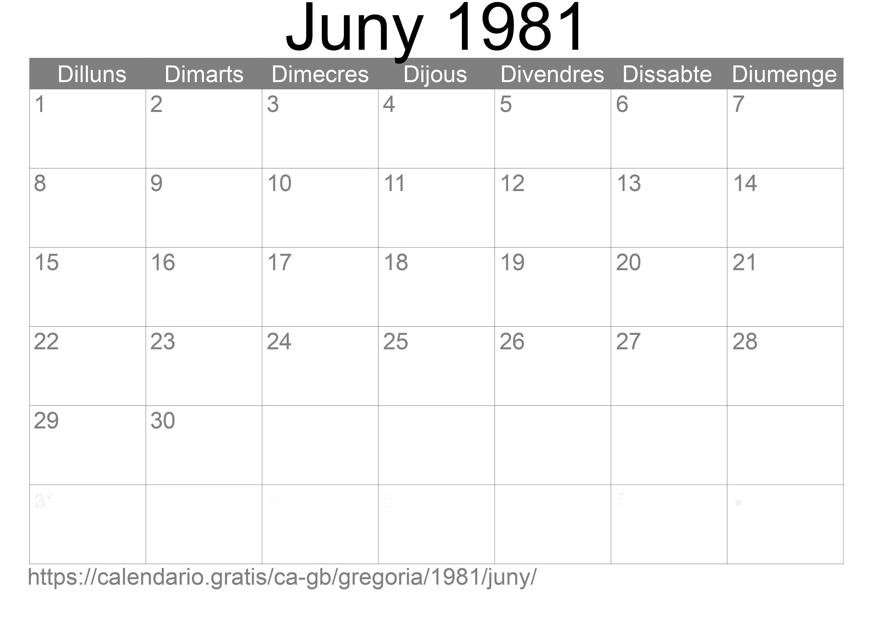 Calendari Juny 1981 per imprimir (Regne Unit)