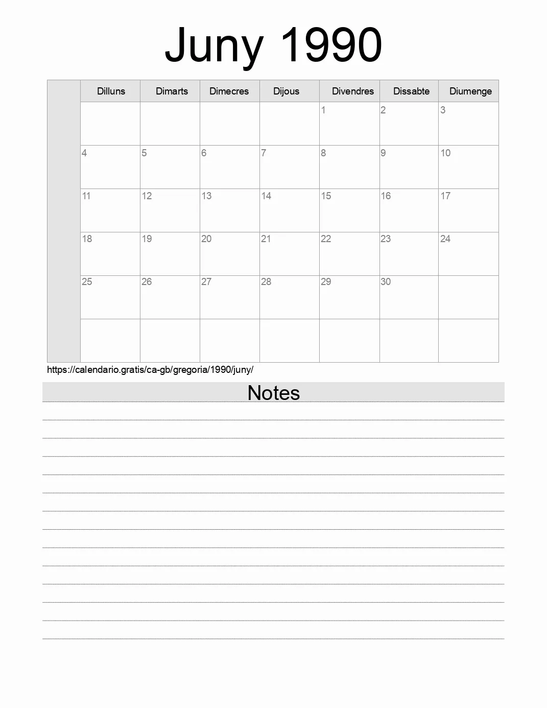 Calendari de Juny 1990 per imprimir amb notes. (Regne Unit)