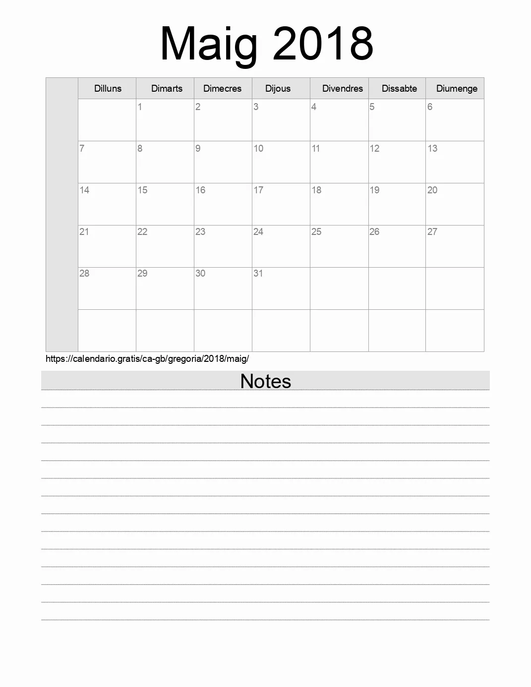 Calendari de Maig 2018 per imprimir amb notes. (Regne Unit)