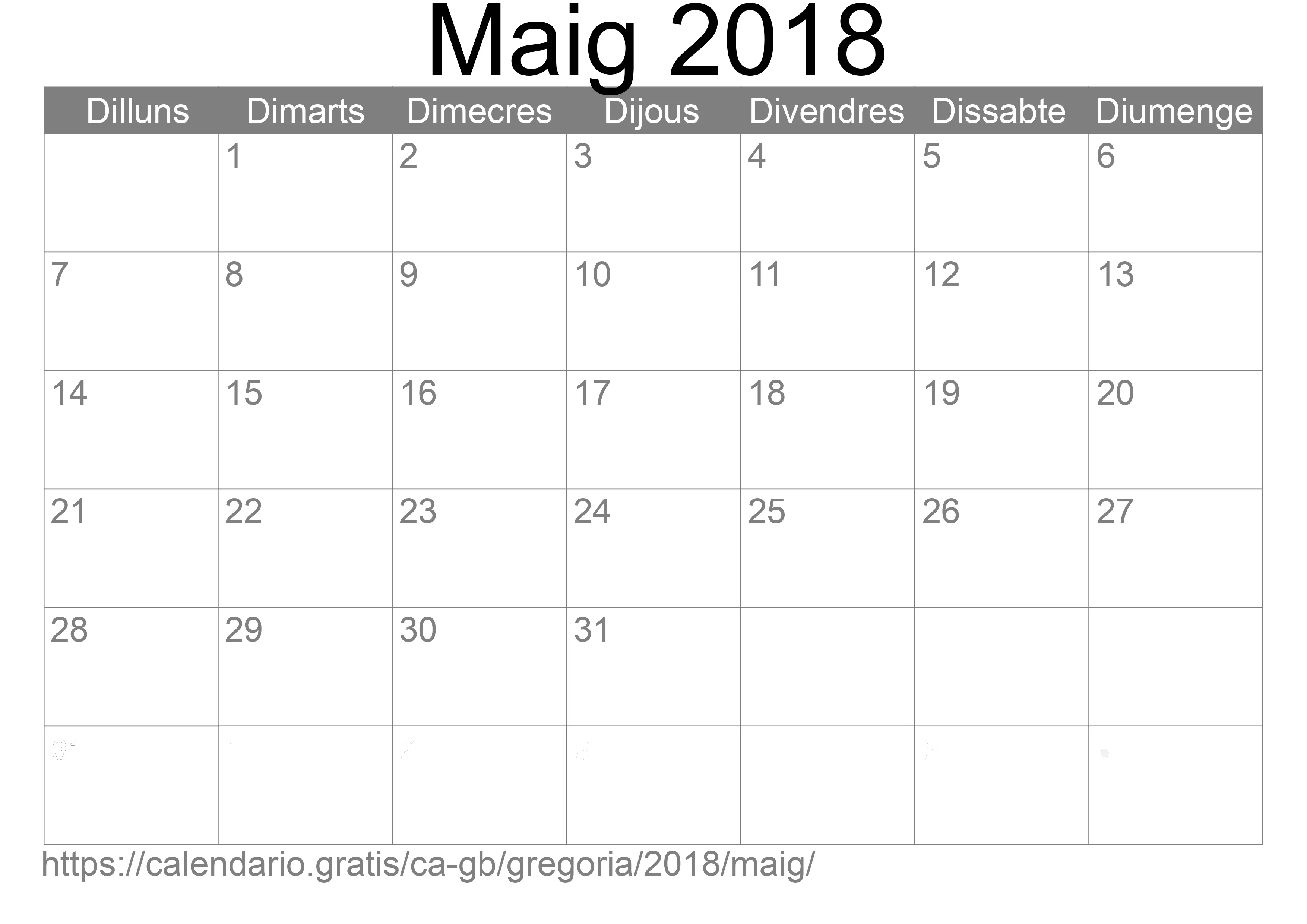 Calendari Maig 2018 per imprimir (Regne Unit)