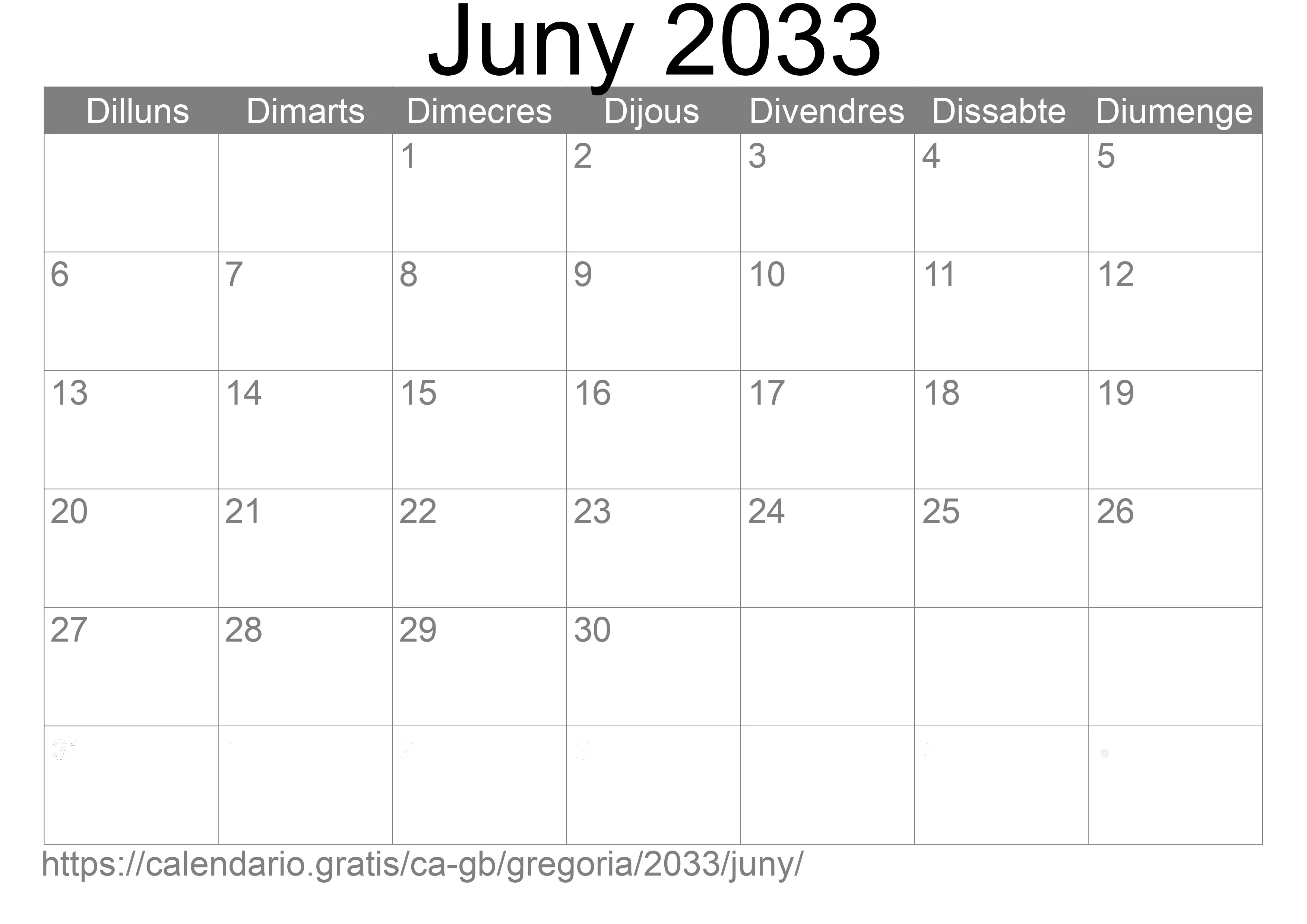 Calendari Juny 2033 per imprimir (Regne Unit)