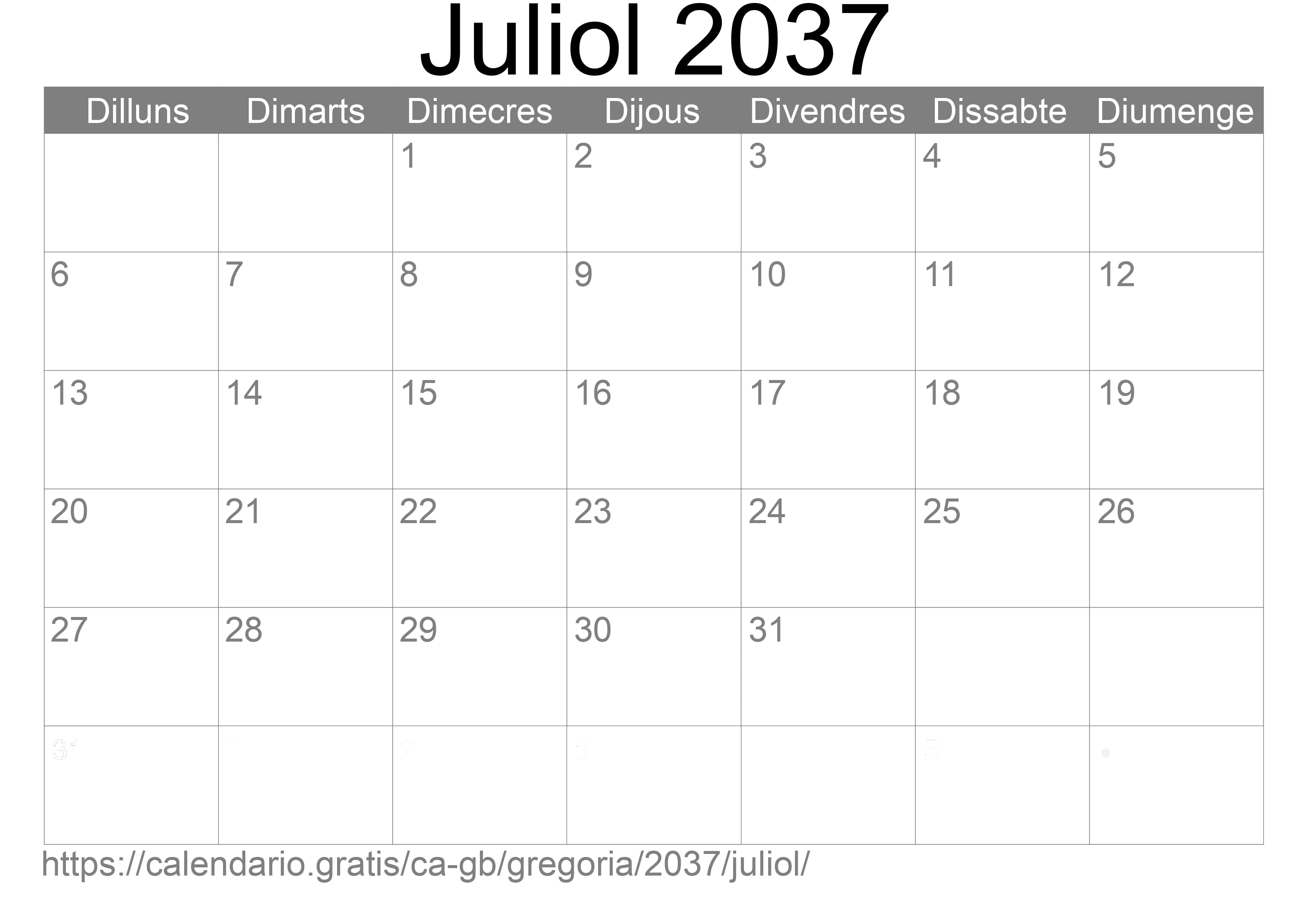 Calendari Juliol 2037 per imprimir (Regne Unit)
