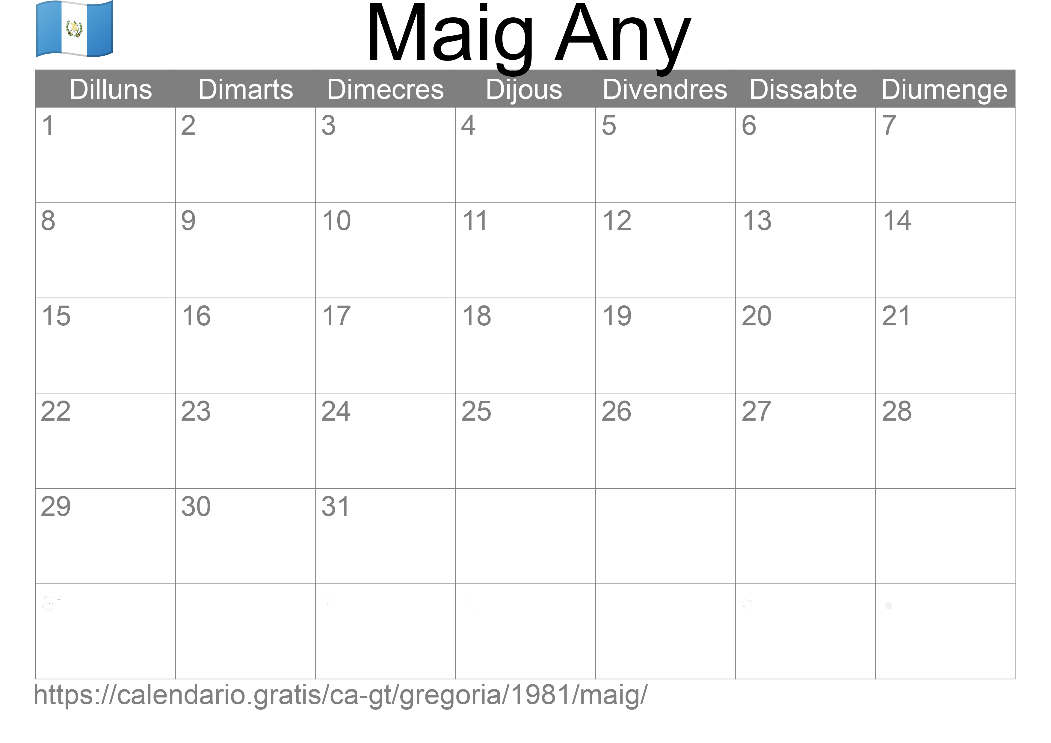 Calendari Maig 1981 per imprimir