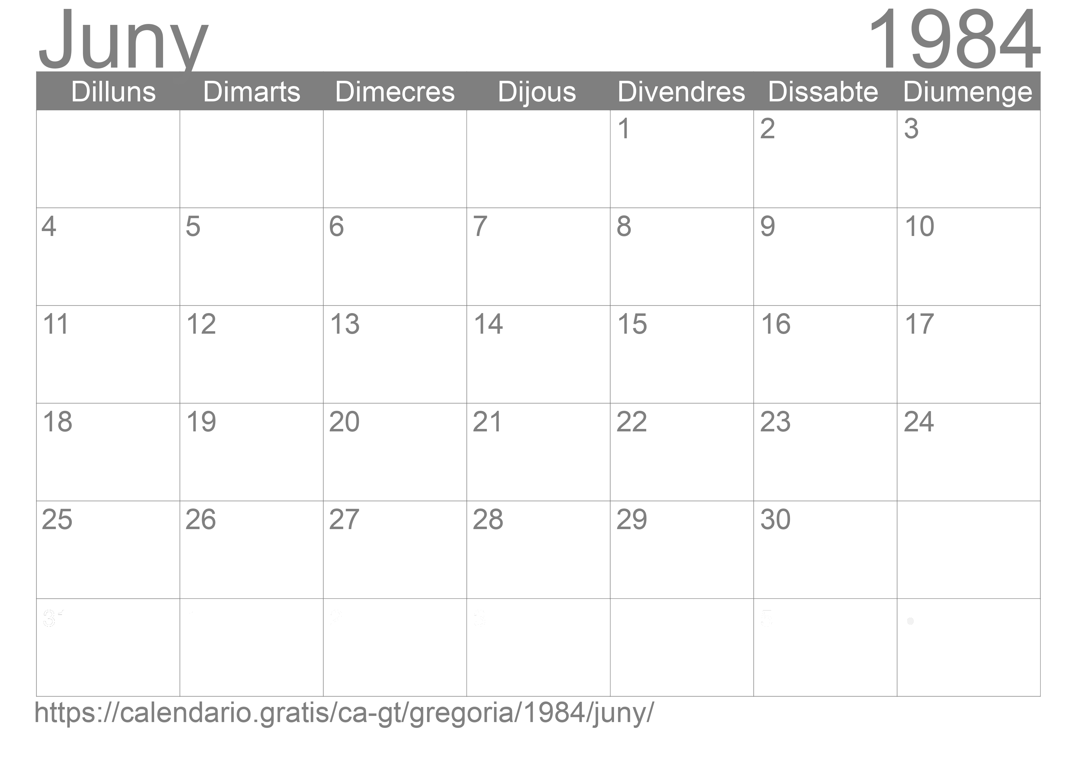 Calendari Juny 1984 per imprimir