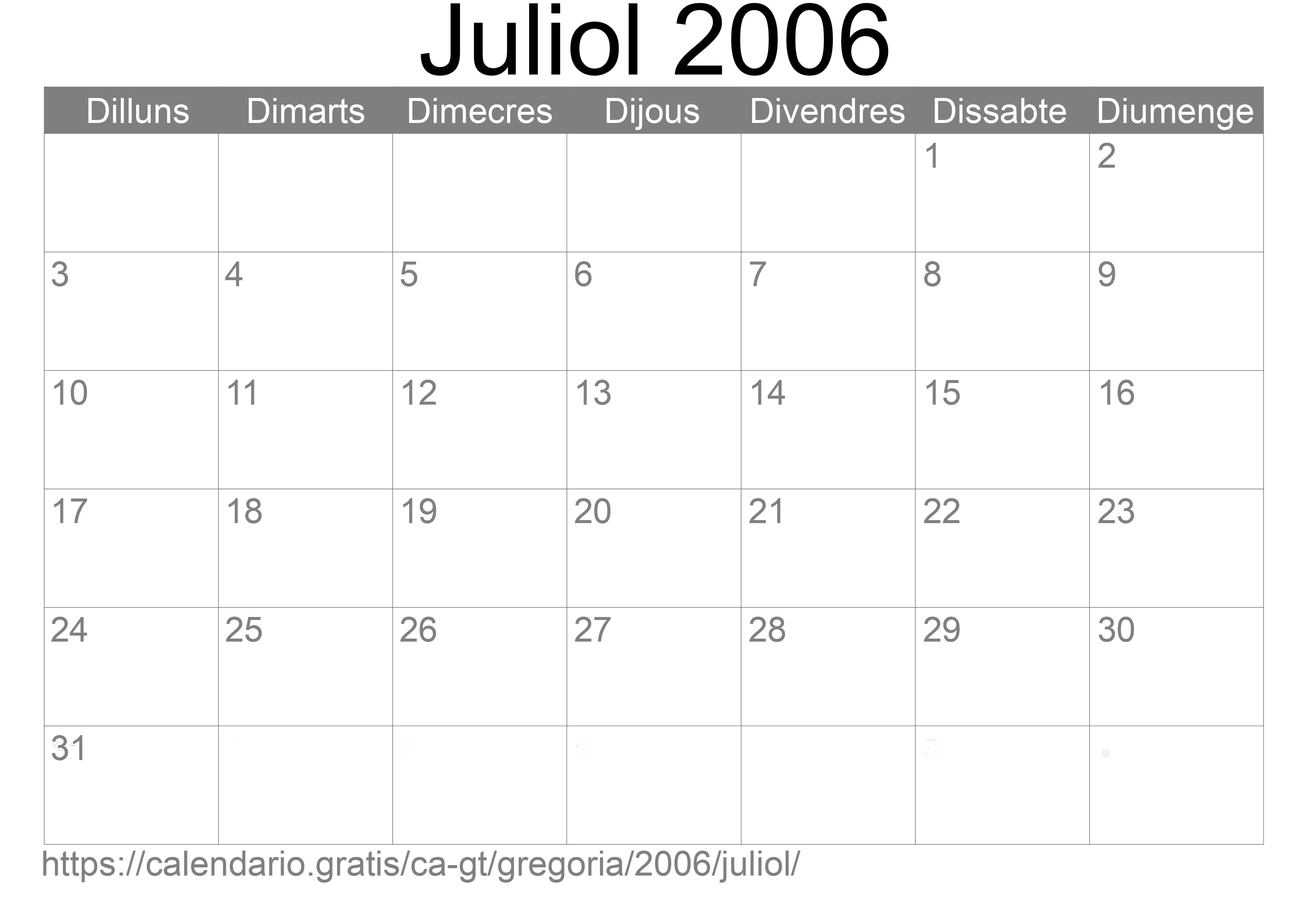 Calendari Juliol 2006 per imprimir (Guatemala)