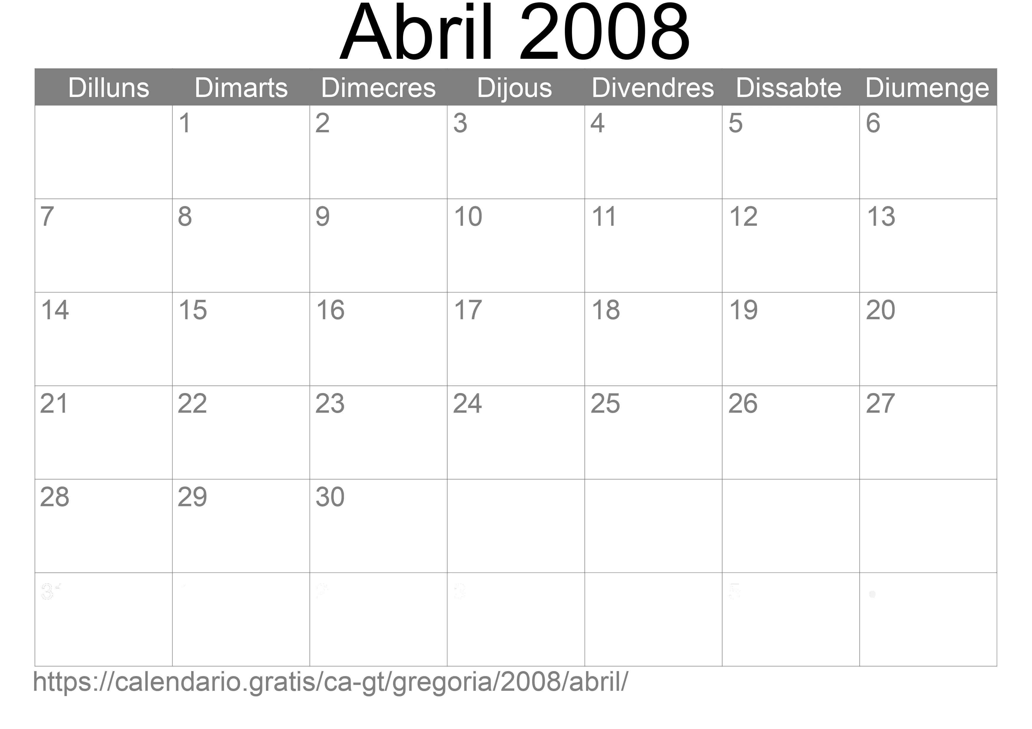 Calendari Abril 2008 per imprimir (Guatemala)