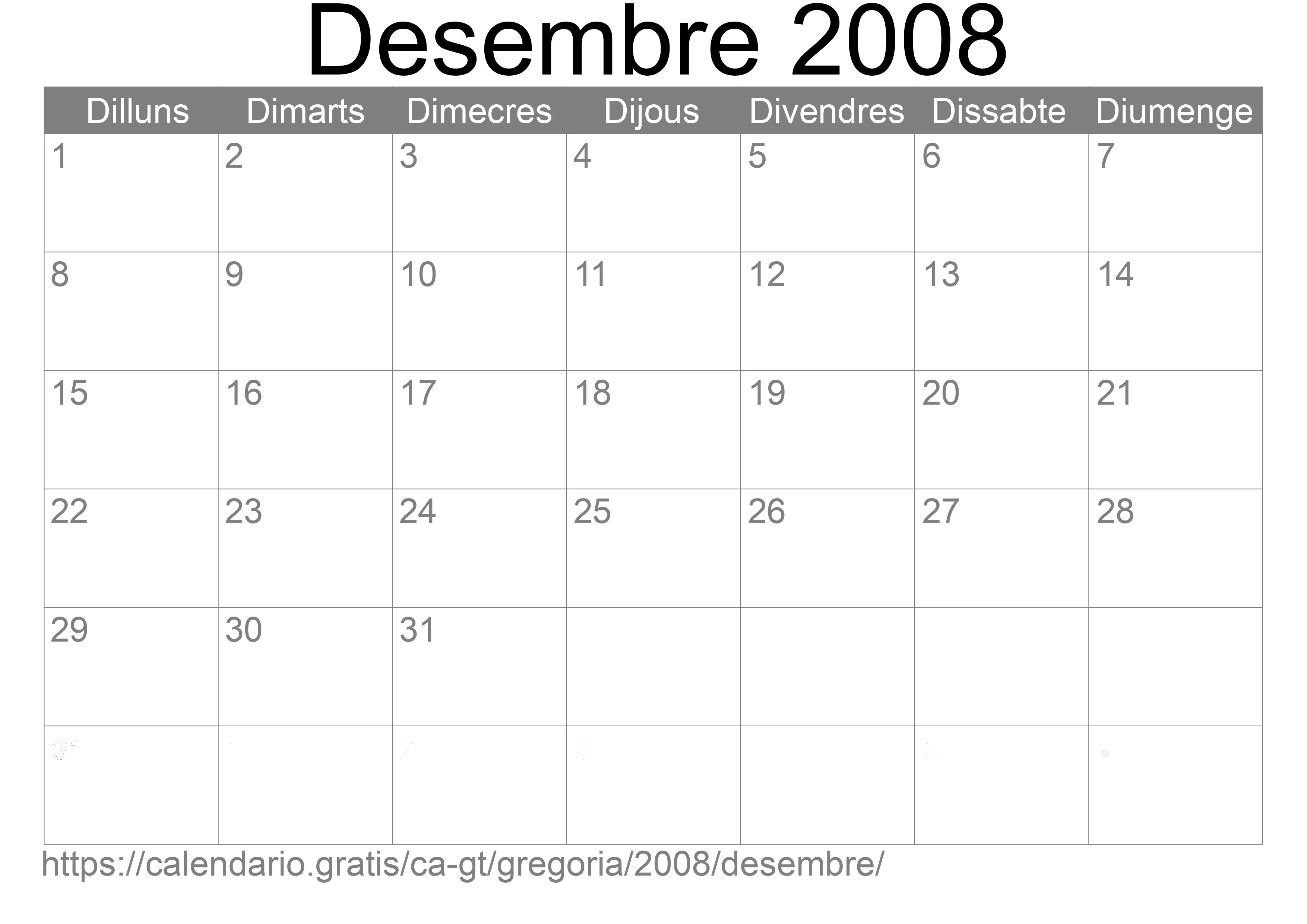 Calendari Desembre 2008 per imprimir (Guatemala)