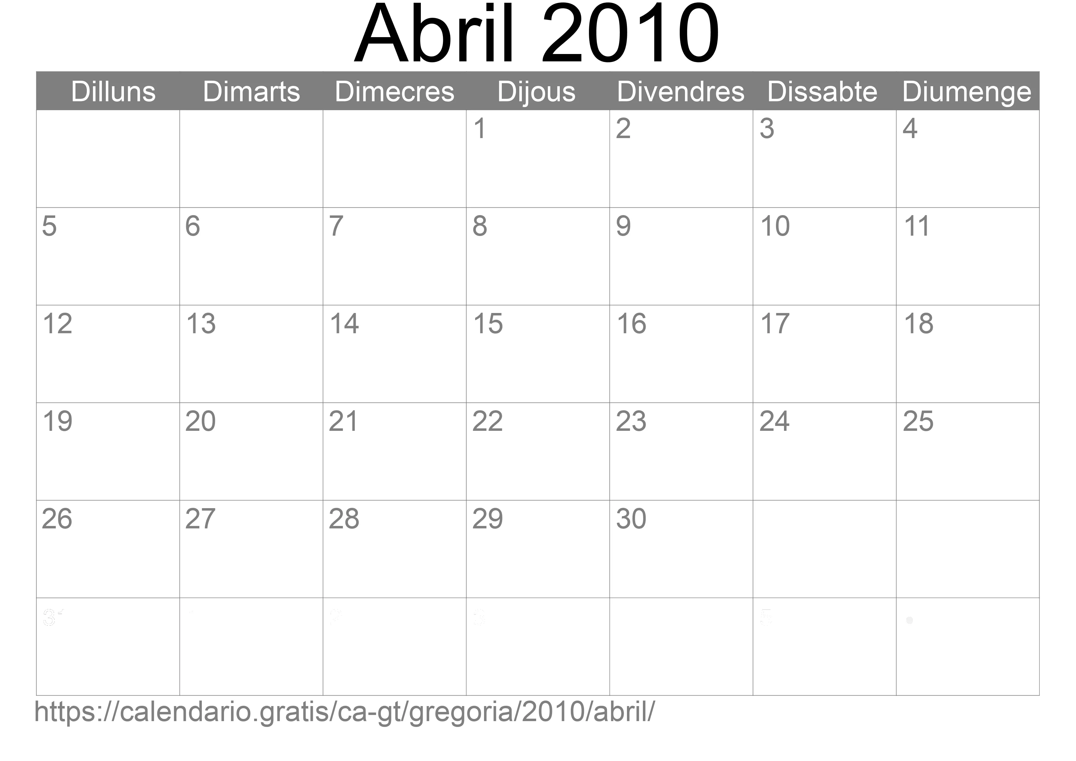 Calendari Abril 2010 per imprimir (Guatemala)