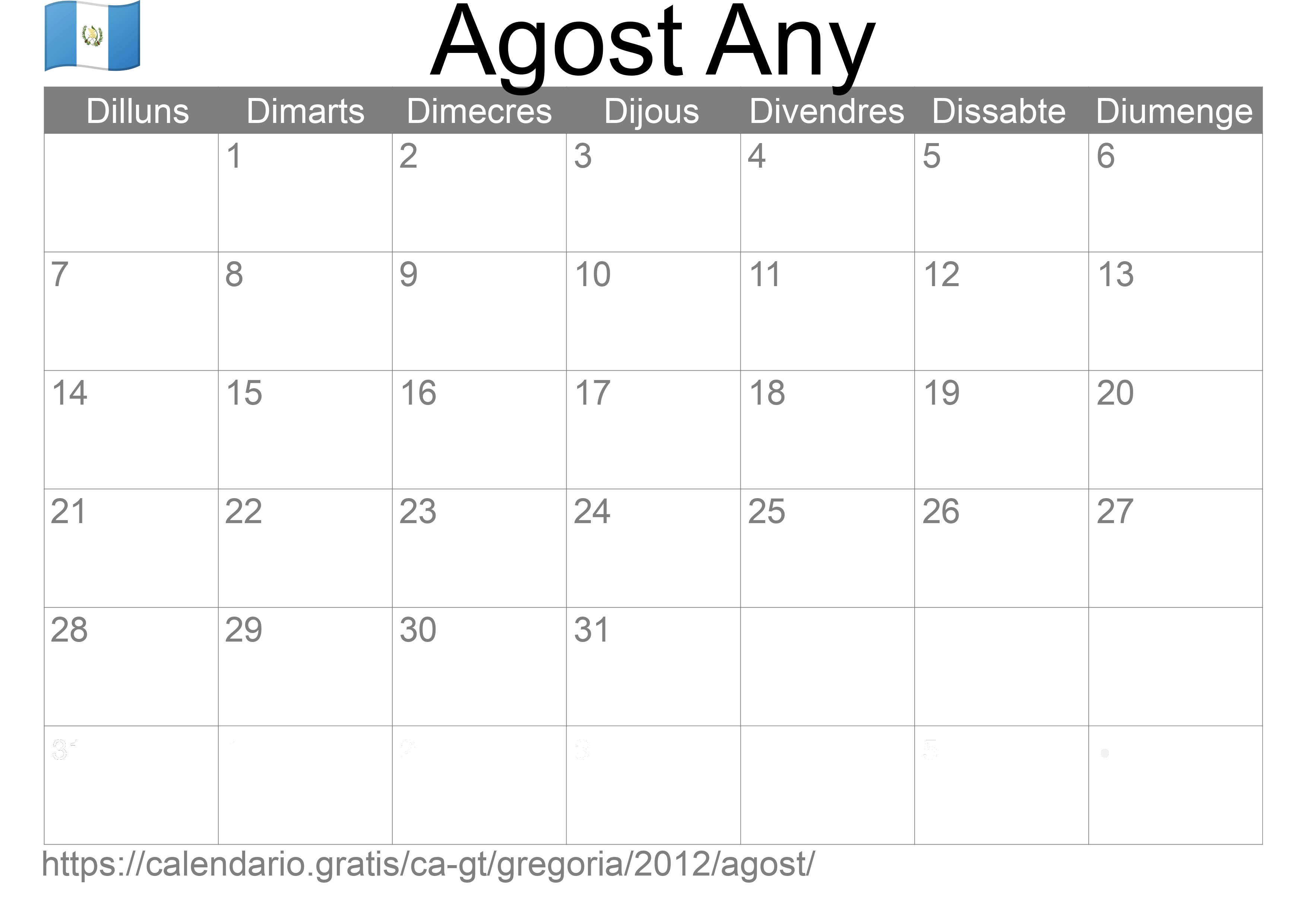 Calendari Agost 2012 per imprimir