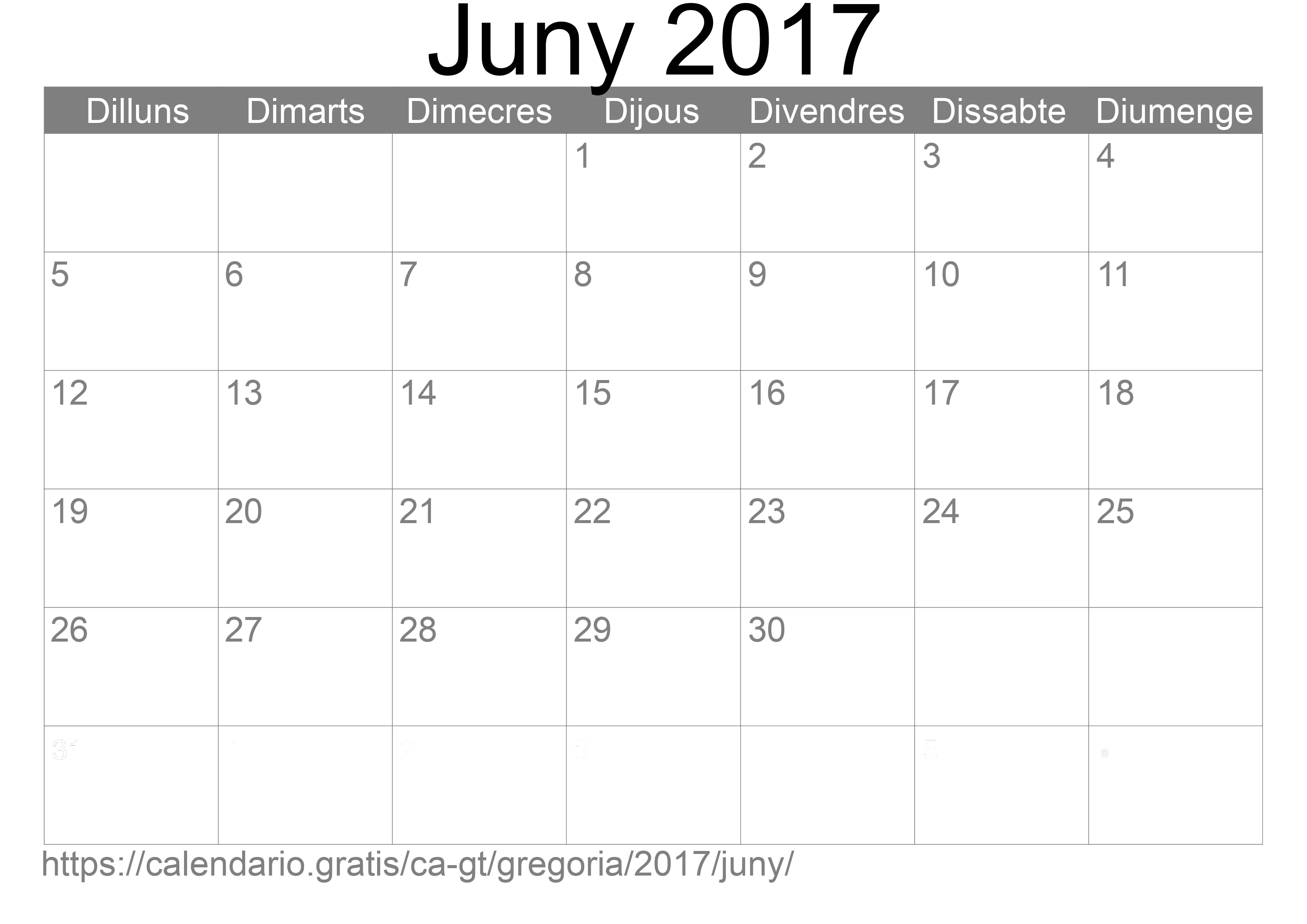 Calendari Juny 2017 per imprimir (Guatemala)