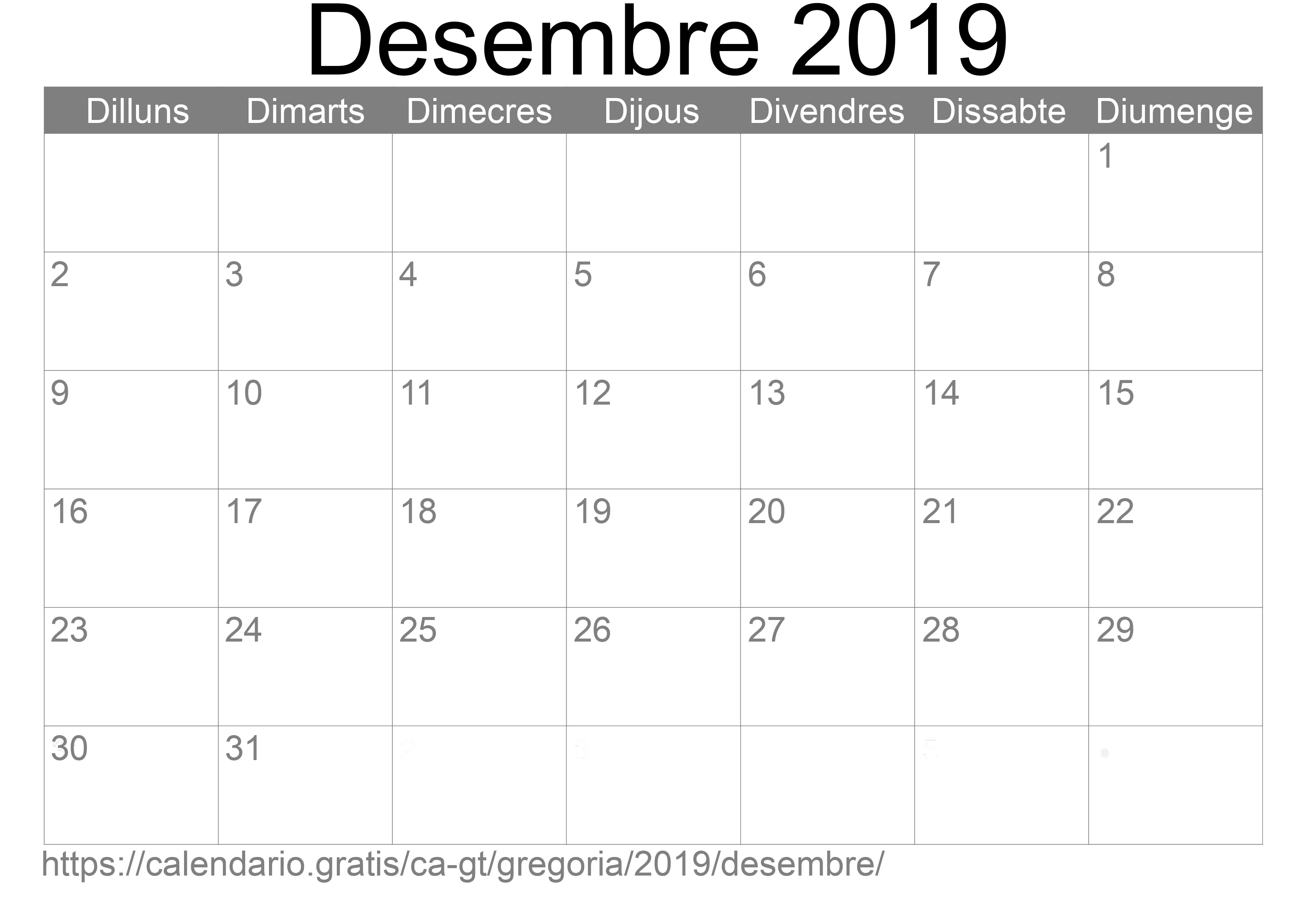 Calendari Desembre 2019 per imprimir (Guatemala)