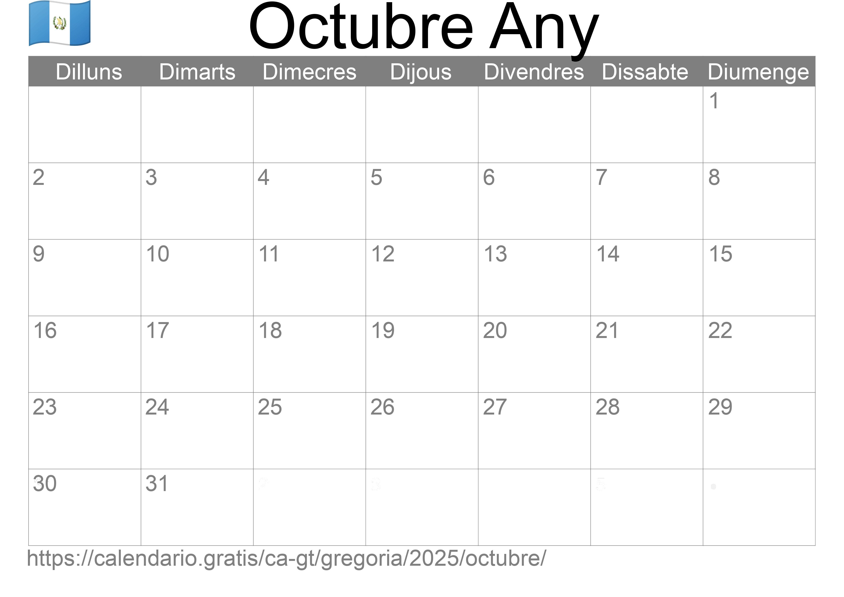 Calendari Octubre 2025 per imprimir