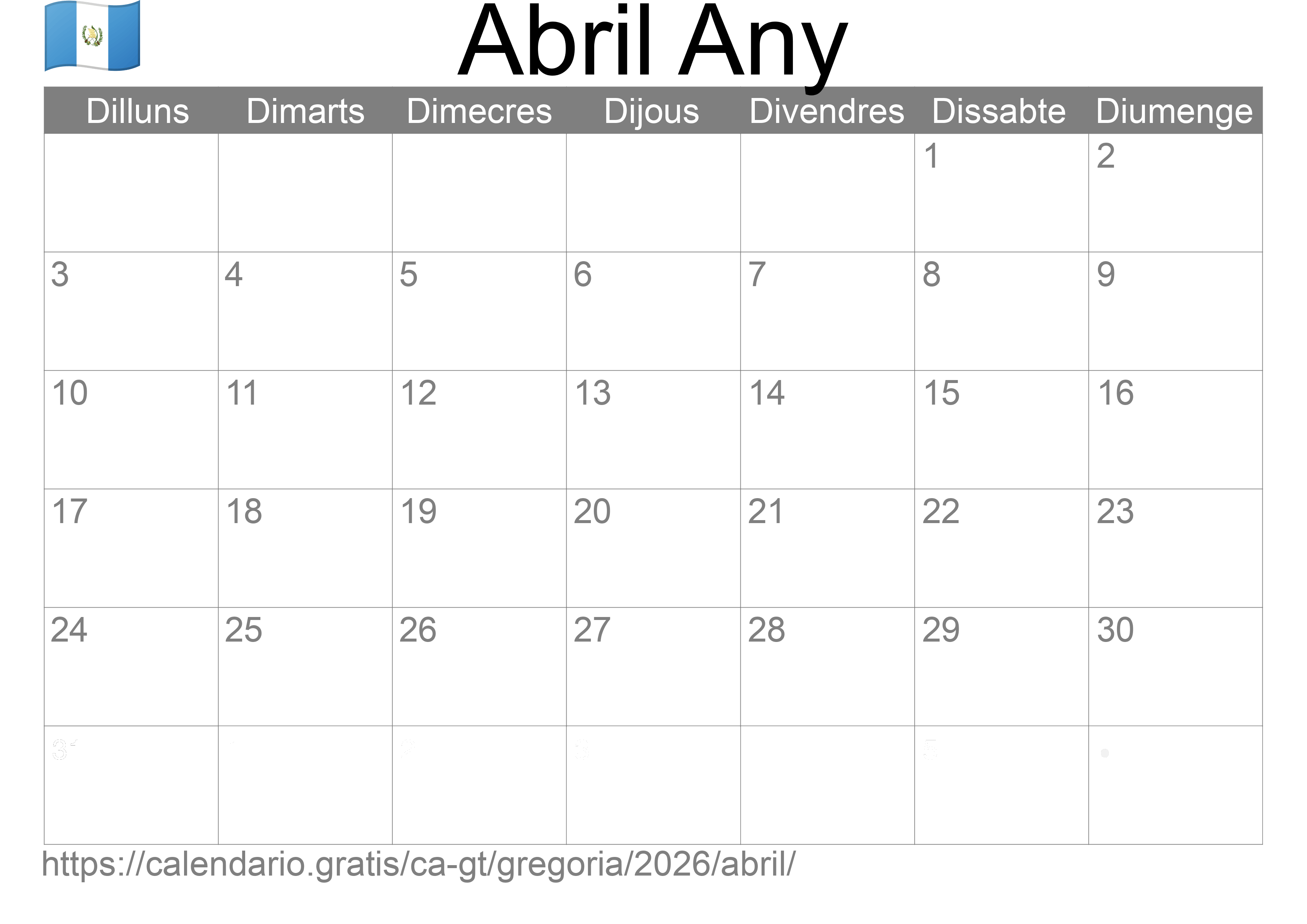 Calendari Abril 2026 per imprimir