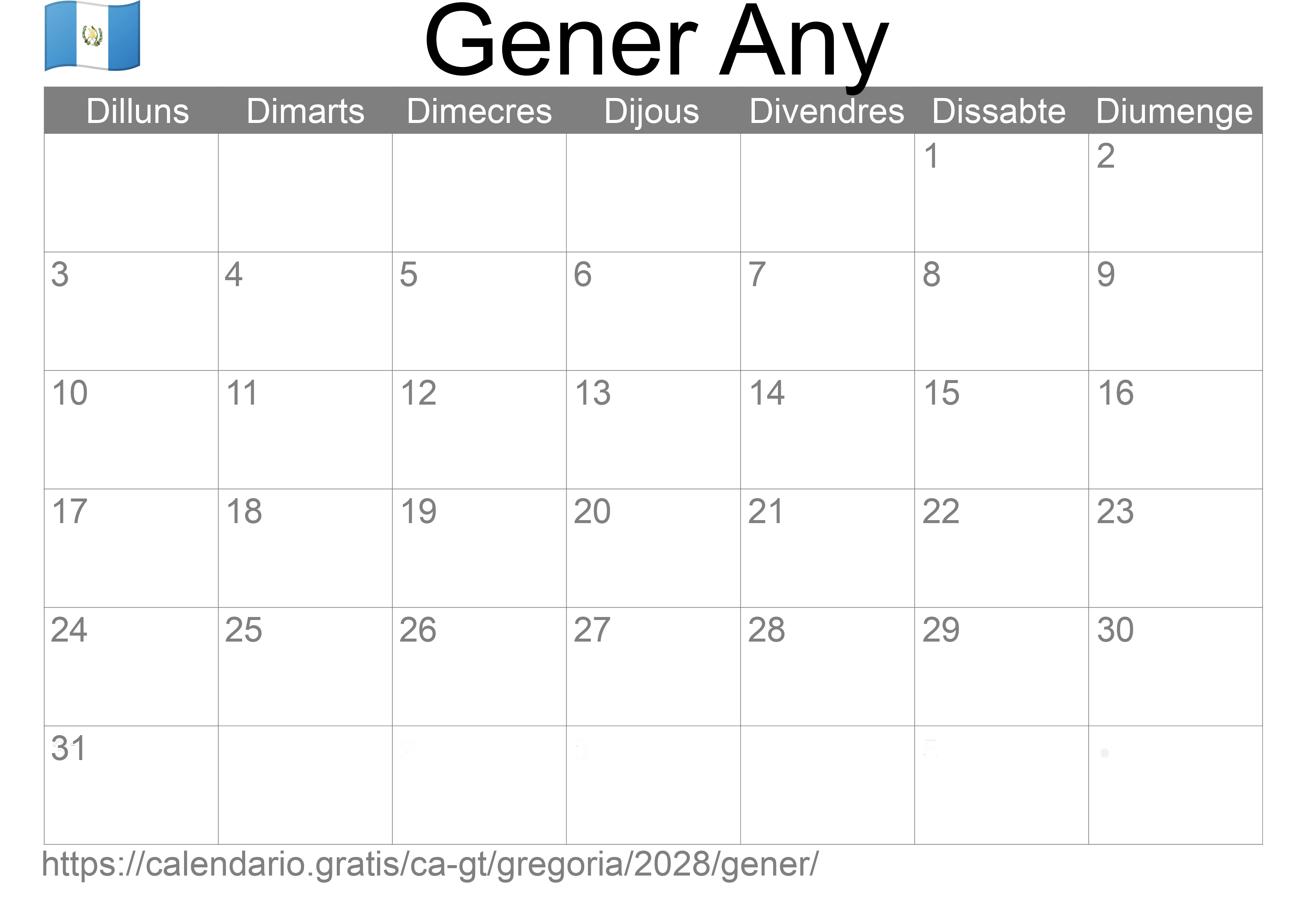 Calendari Gener 2028 per imprimir