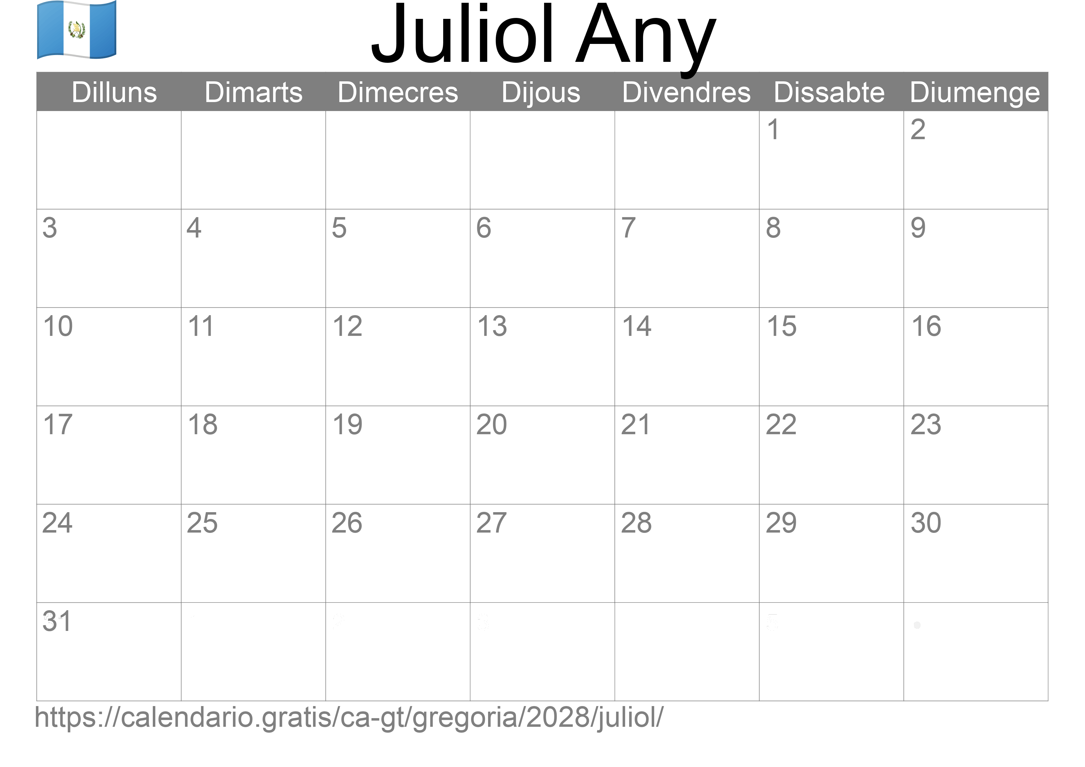 Calendari Juliol 2028 per imprimir