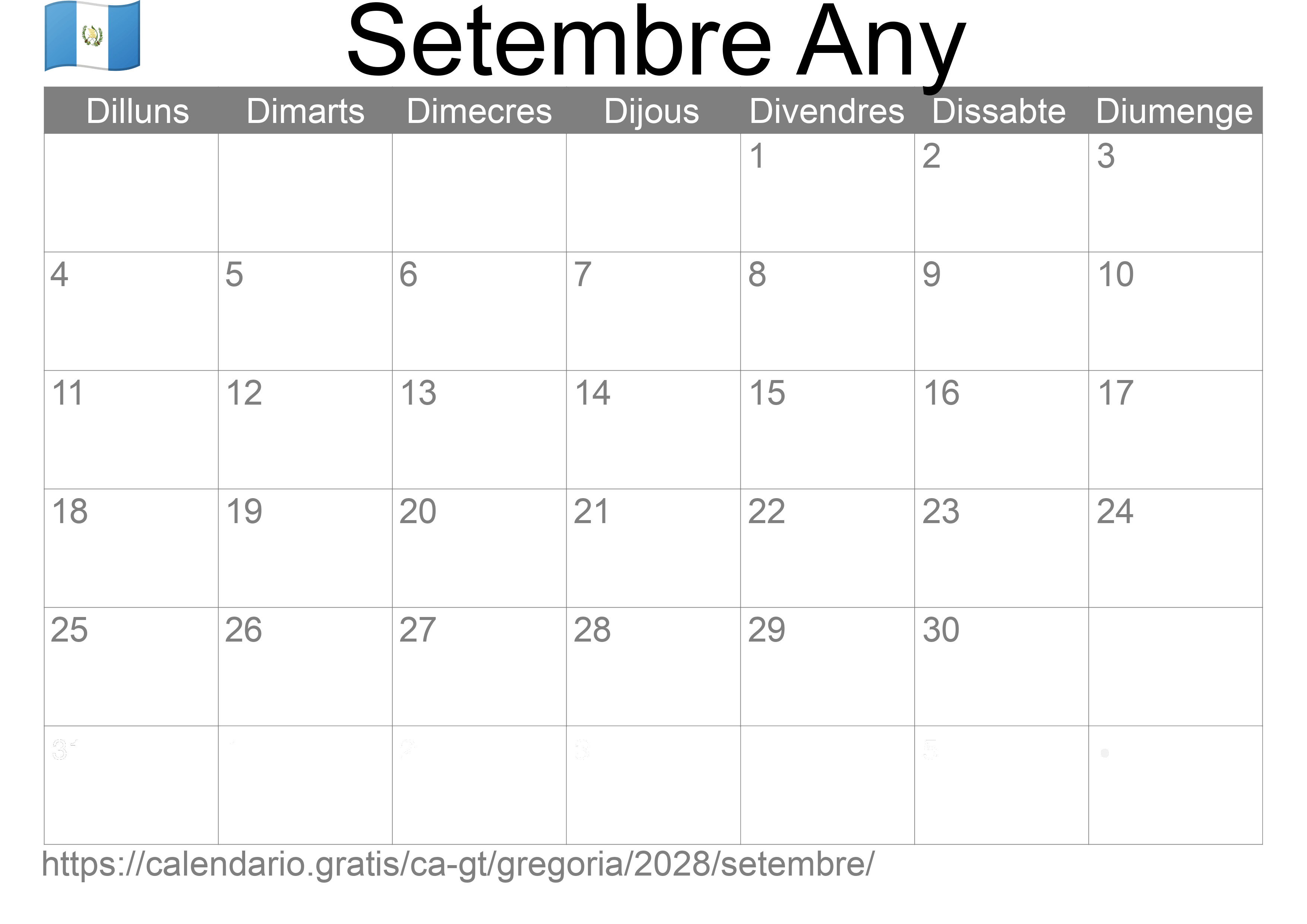 Calendari Setembre 2028 per imprimir