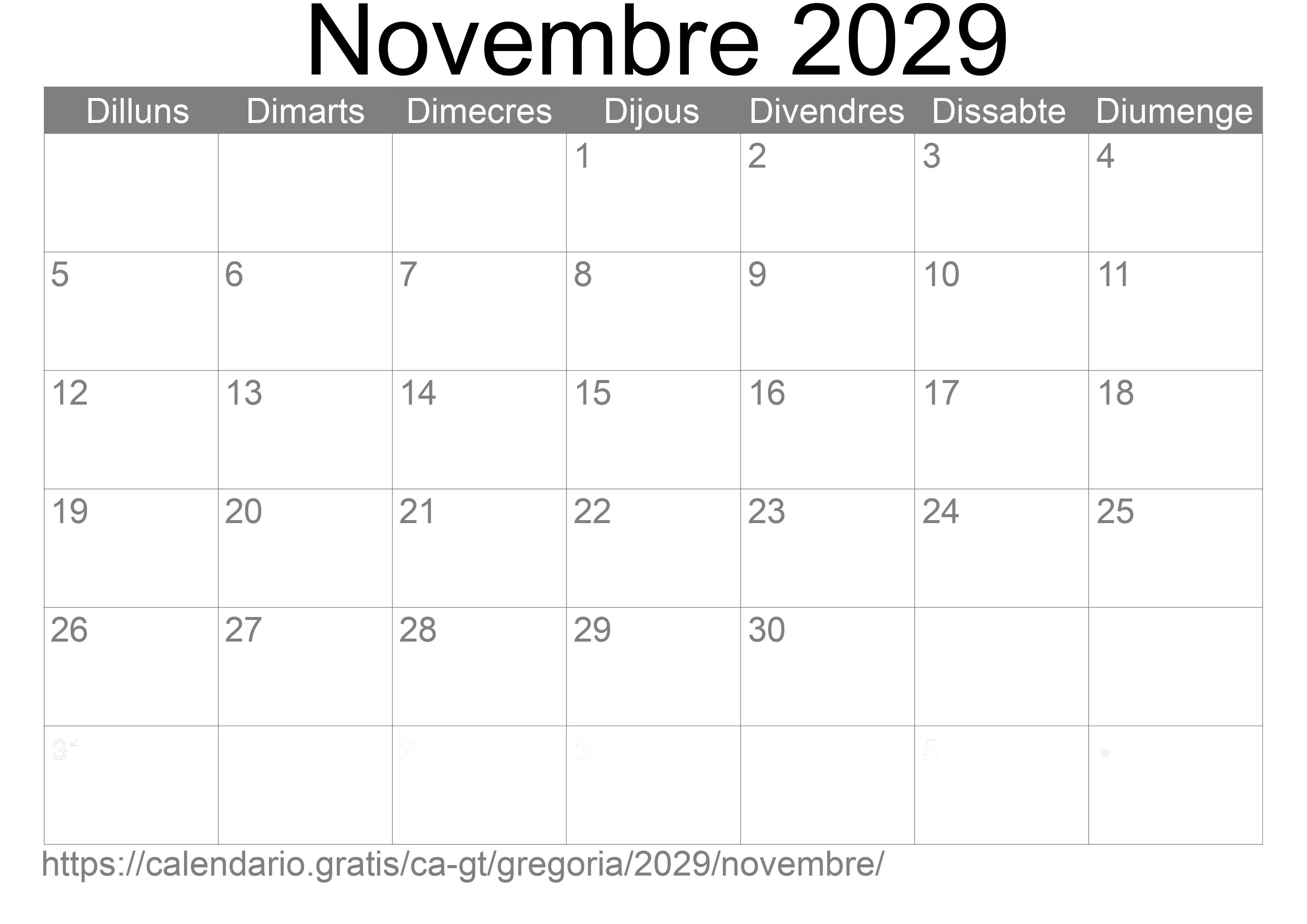 Calendari Novembre 2029 per imprimir (Guatemala)