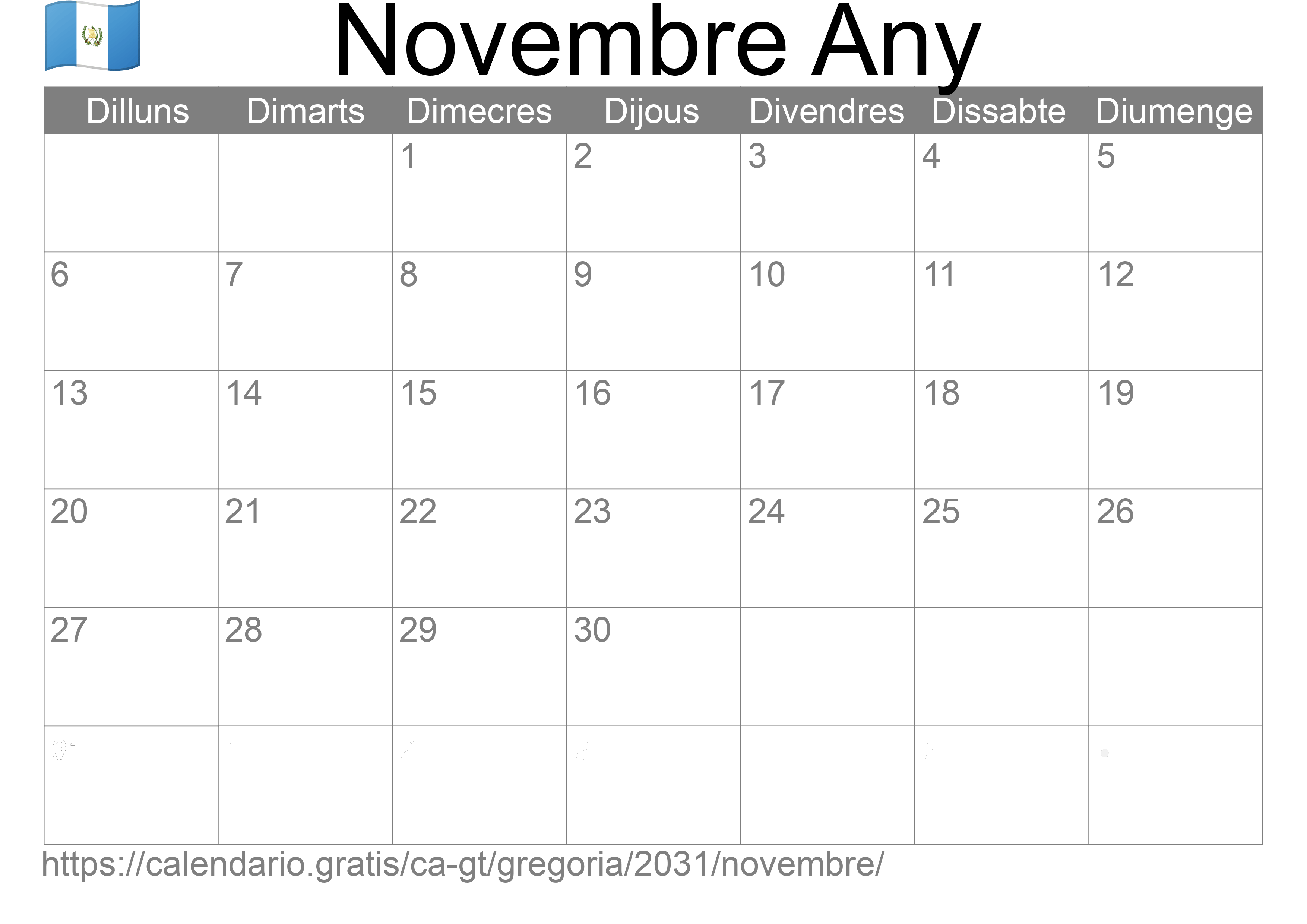 Calendari Novembre 2031 per imprimir