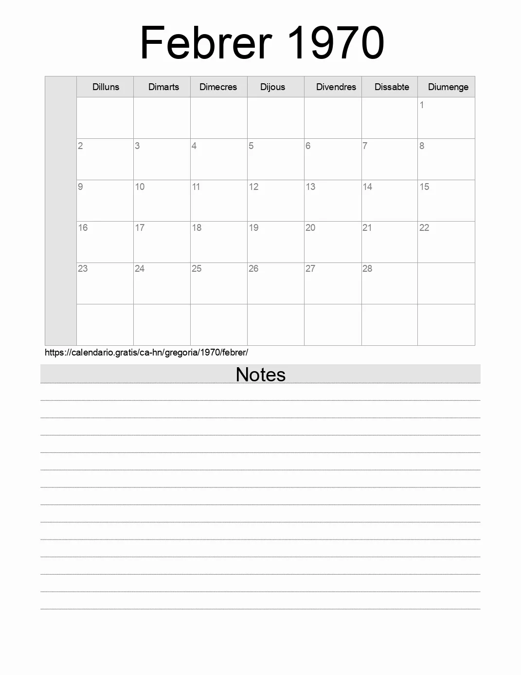 Calendari de Febrer 1970 per imprimir amb notes. (Hondures) Calendari de Febrer 1970 per imprimir amb notes. (Hondures)