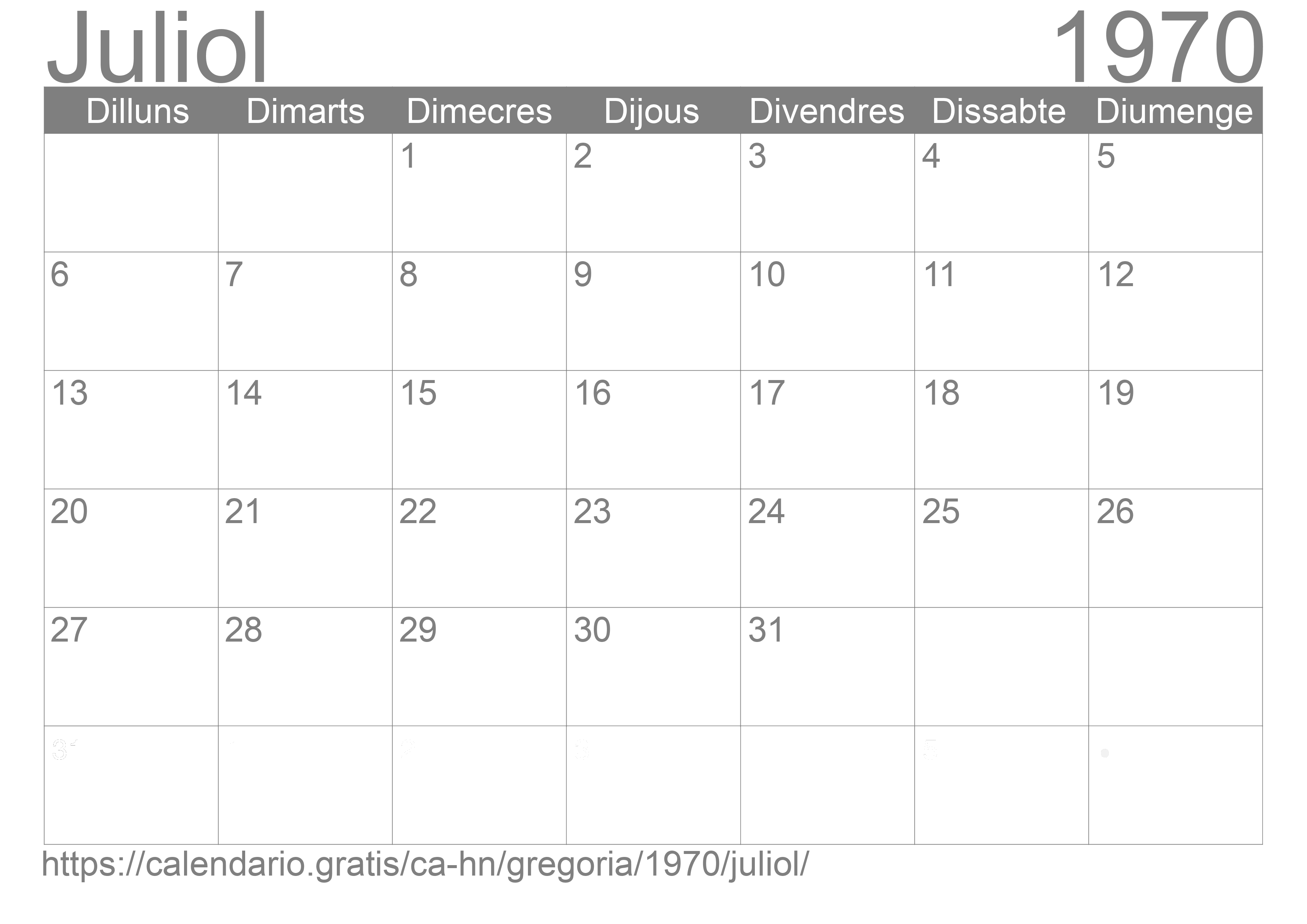 Calendari Juliol 1970 per imprimir