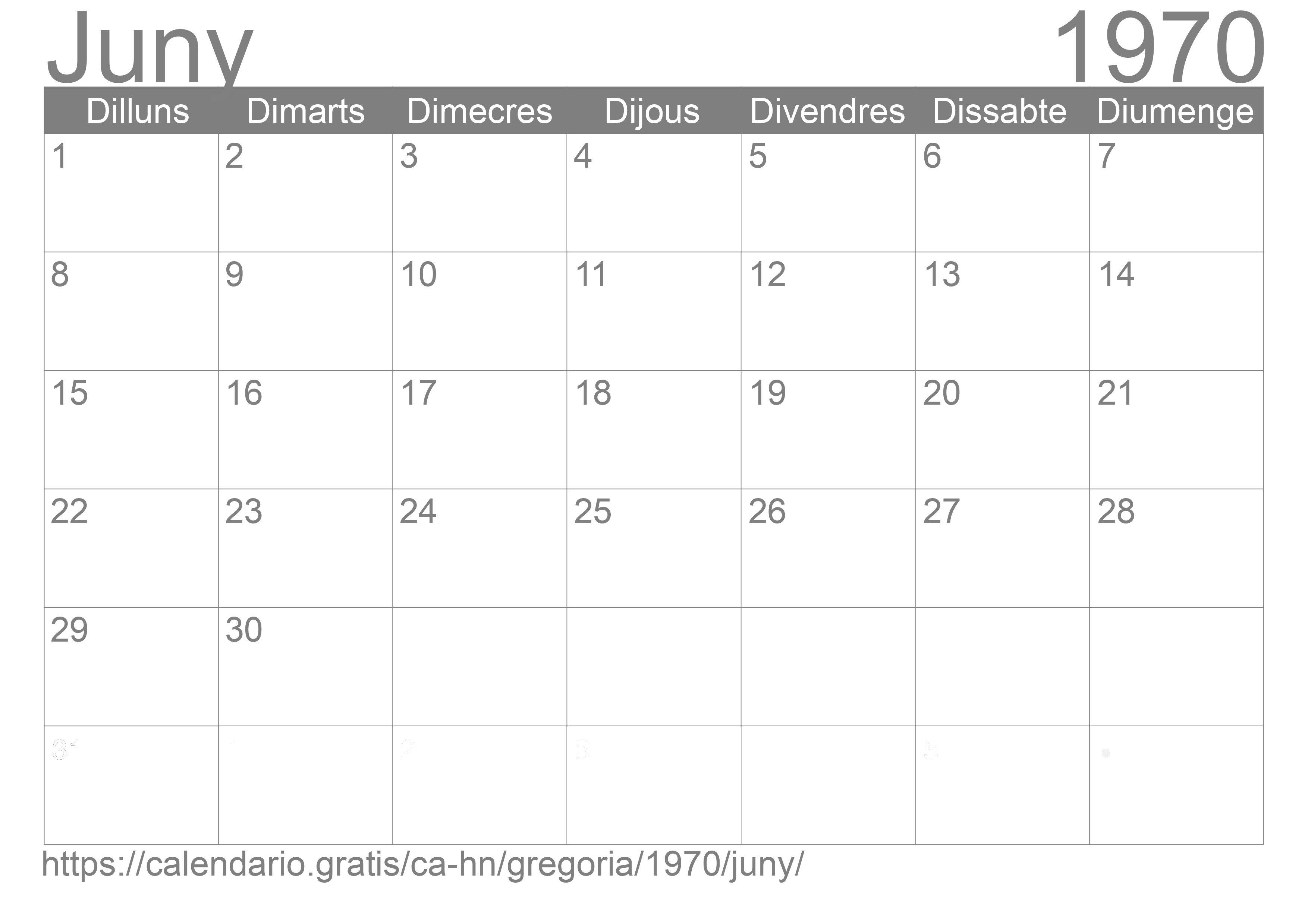 Calendari Juny 1970 per imprimir