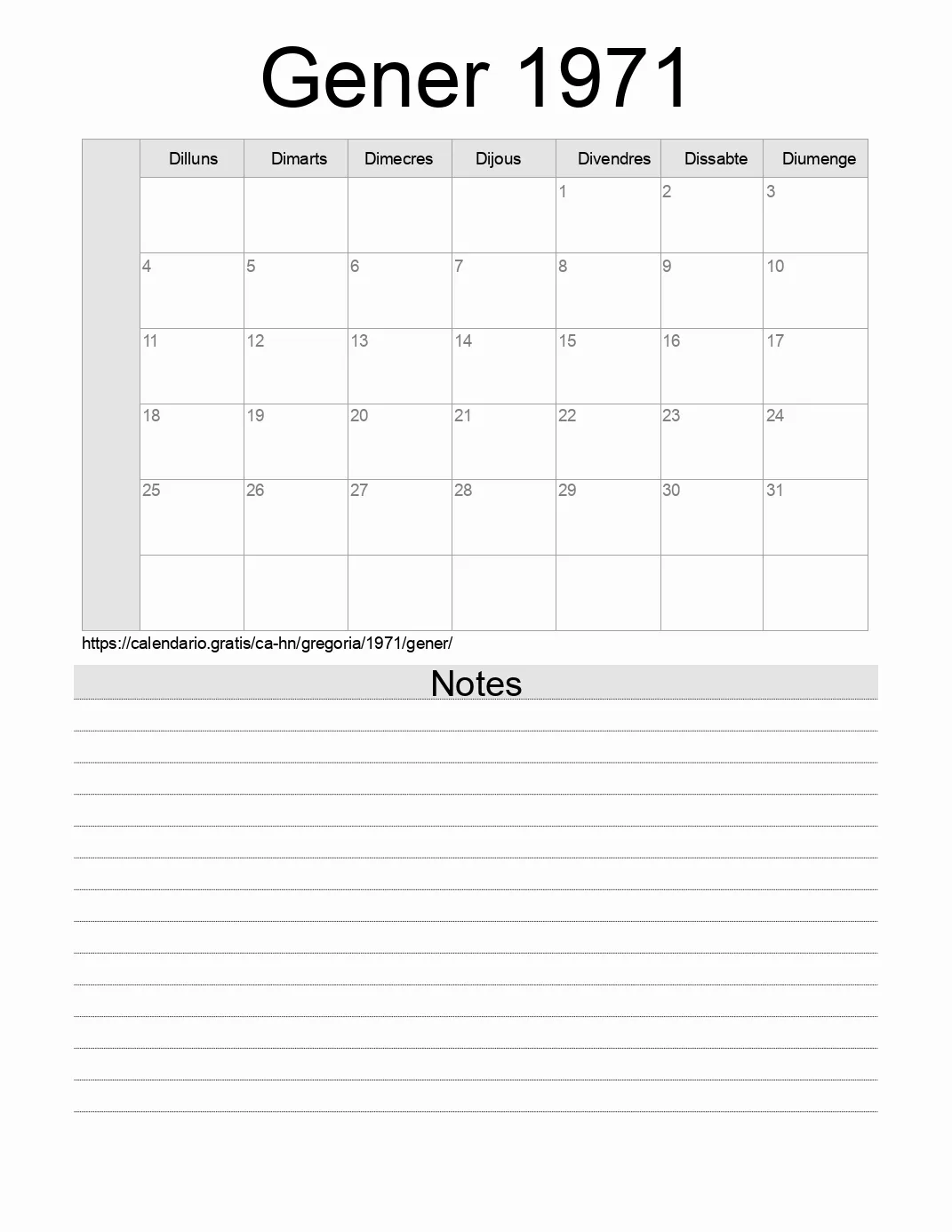 Calendari de Gener 1971 per imprimir amb notes. (Hondures) Calendari de Gener 1971 per imprimir amb notes. (Hondures)