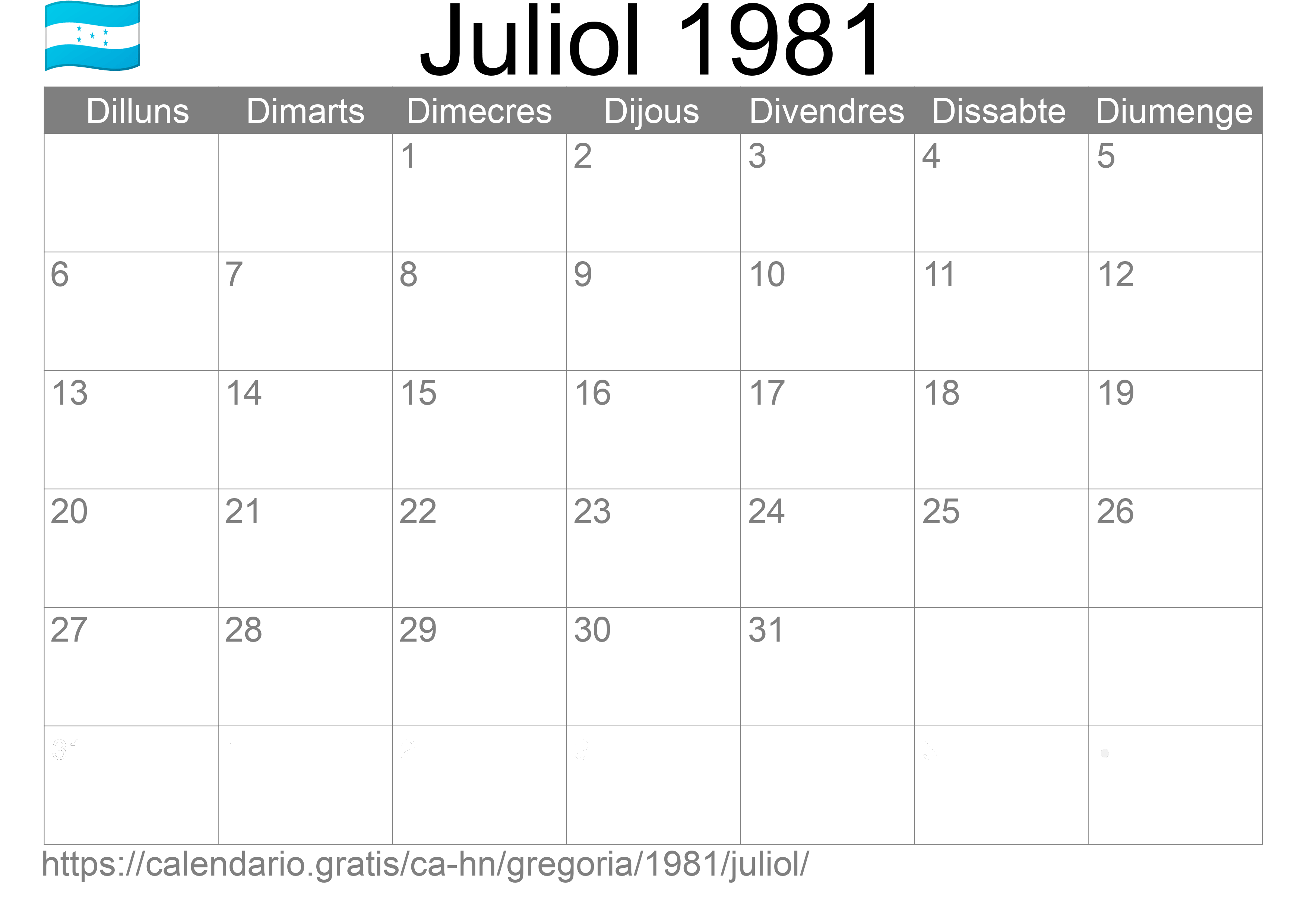 Calendari Juliol 1981 per imprimir