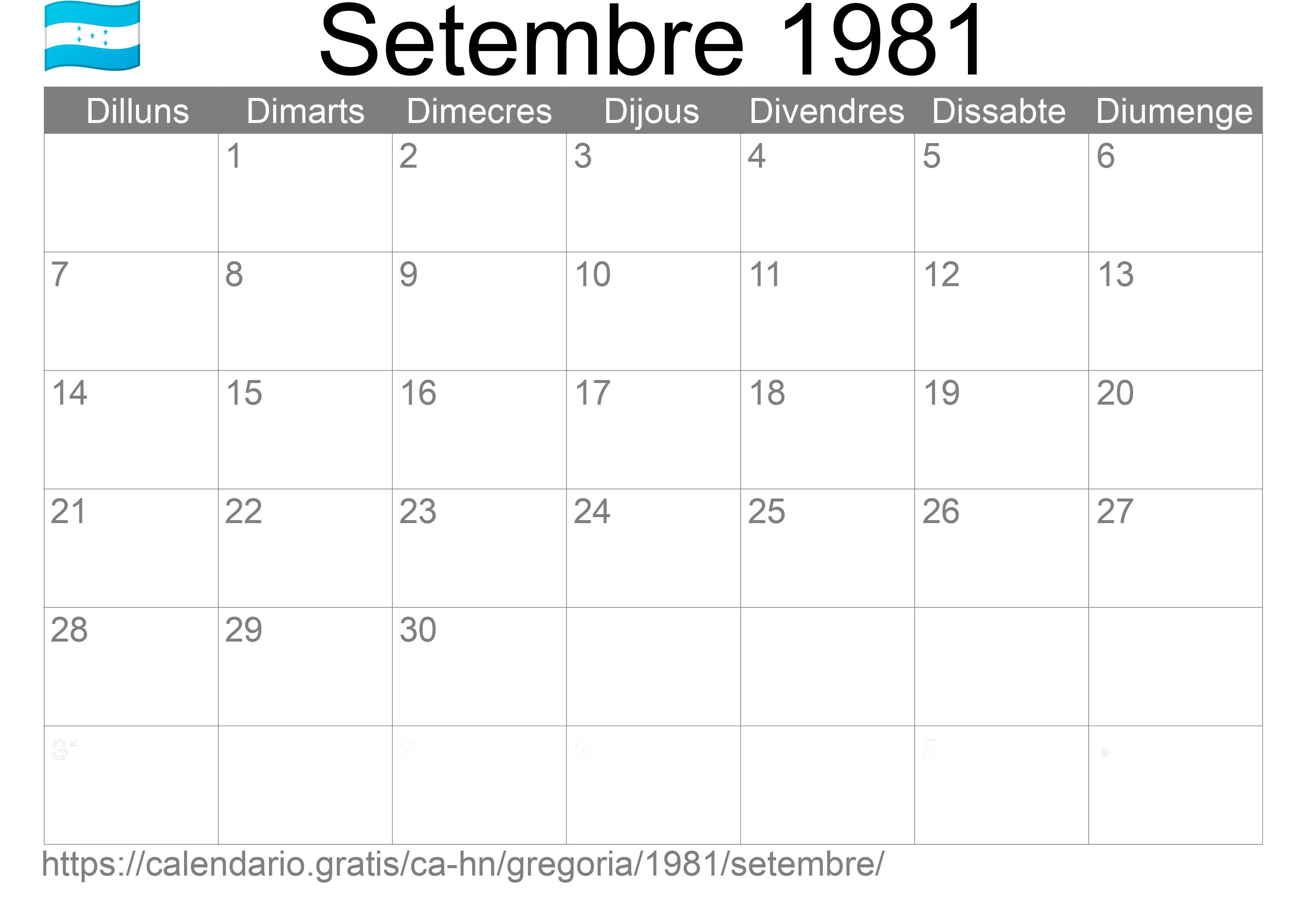 Calendari Setembre 1981 per imprimir