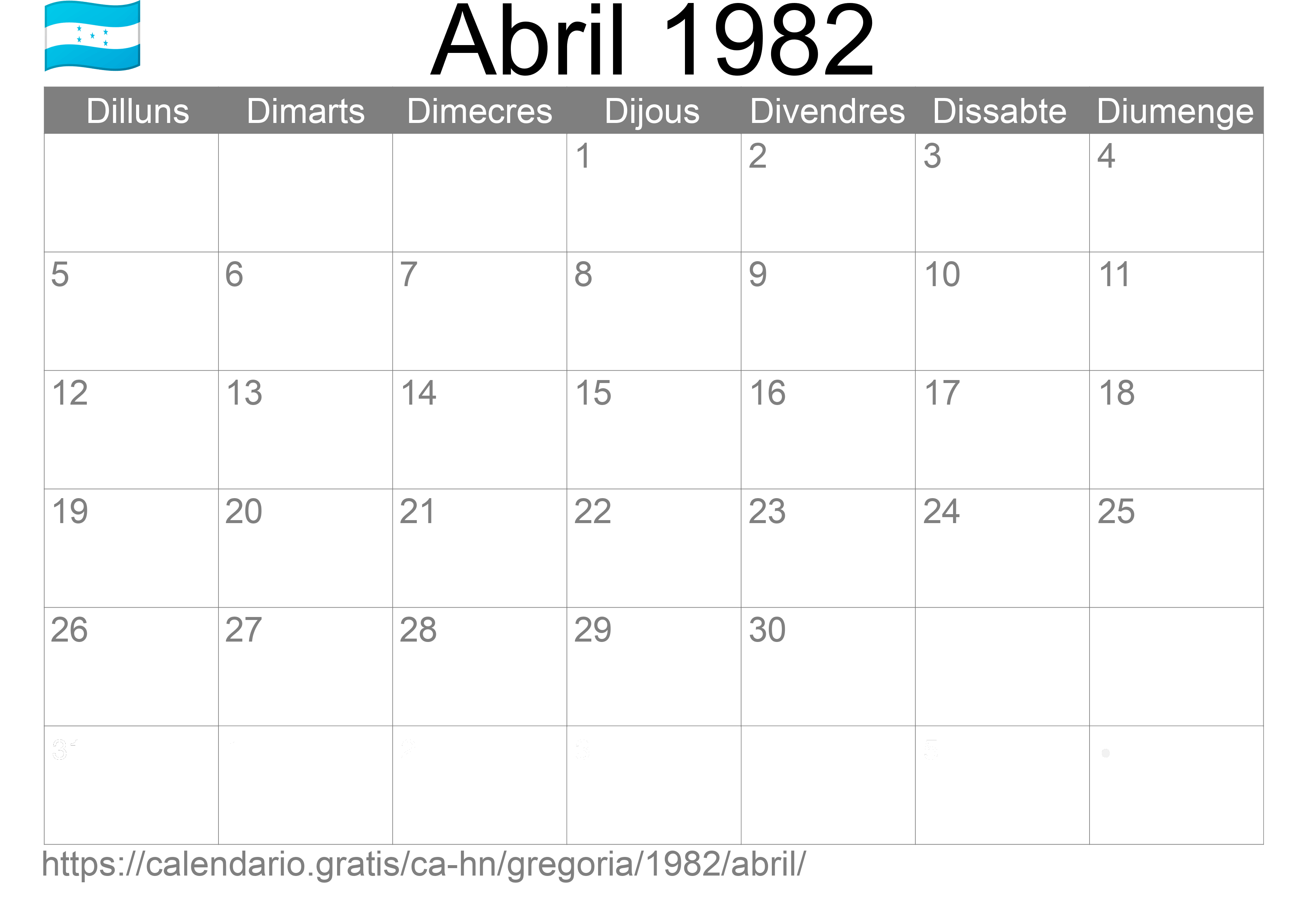 Calendari Abril 1982 per imprimir