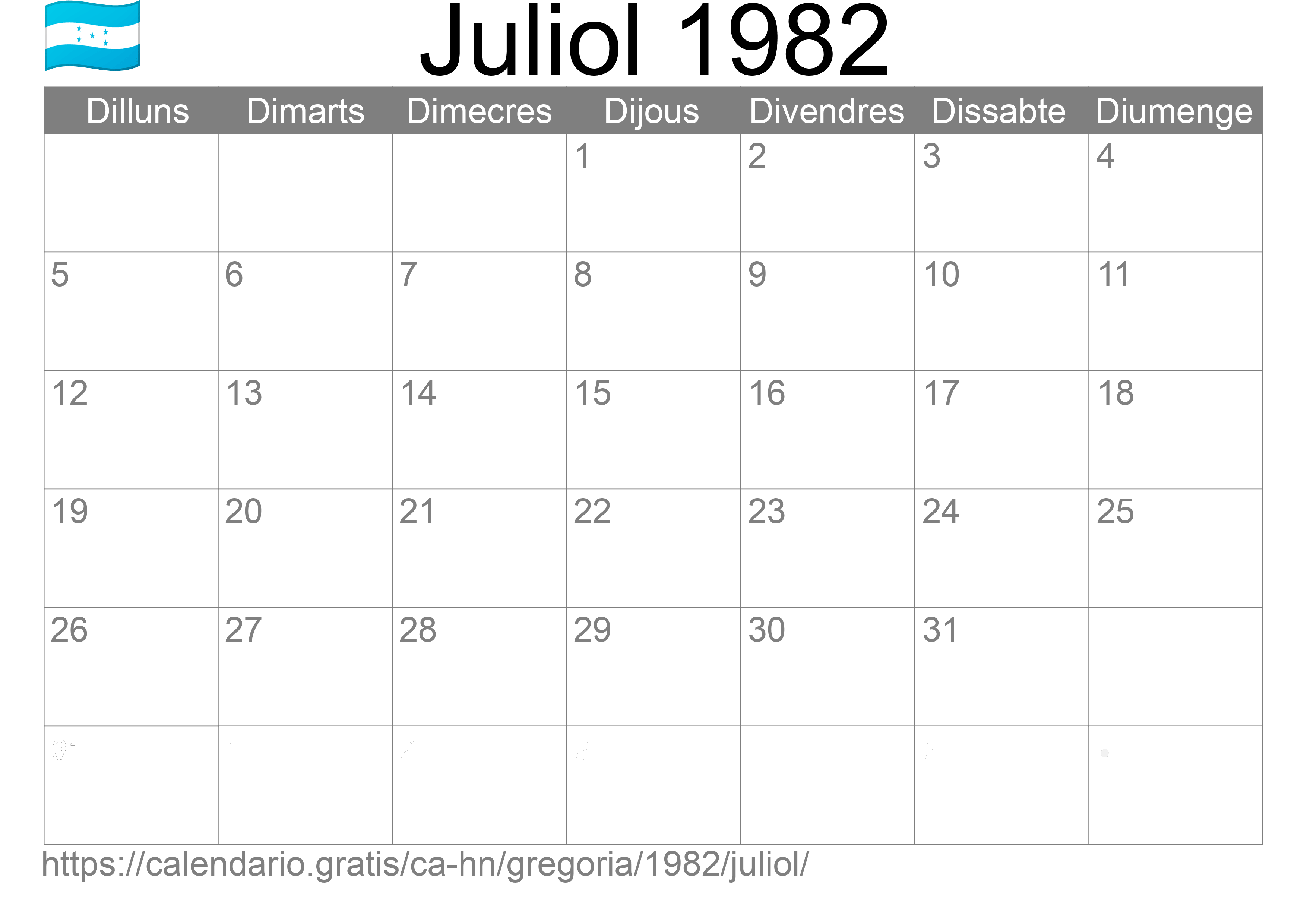 Calendari Juliol 1982 per imprimir