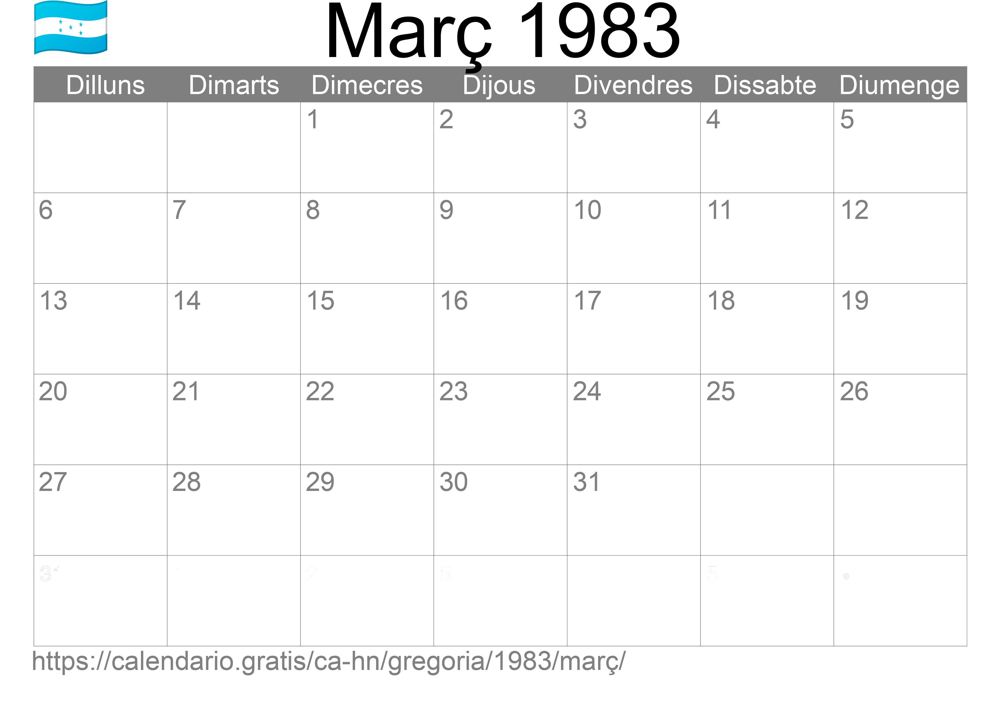 Calendari Març 1983 per imprimir