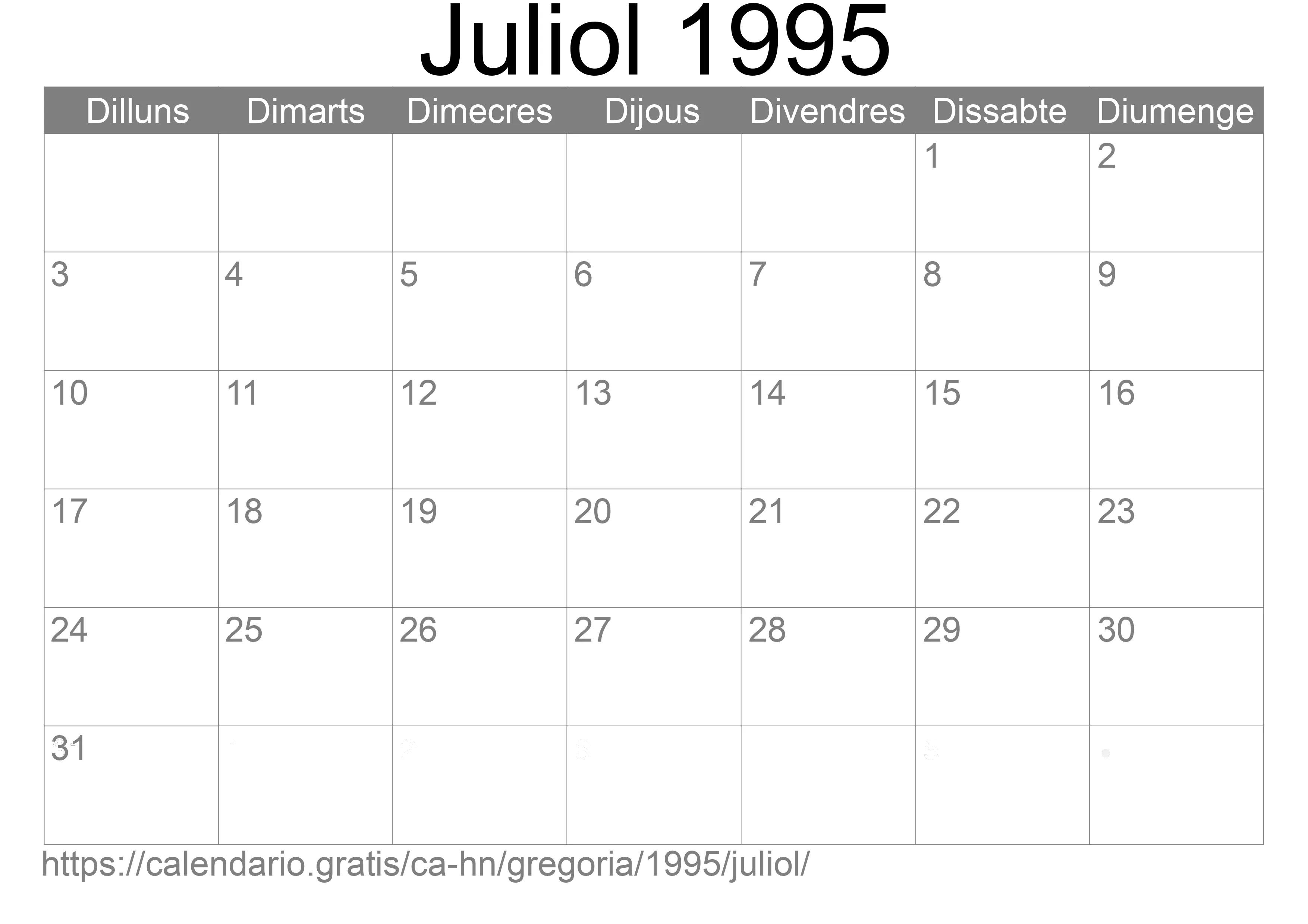 Calendari Juliol 1995 per imprimir (Hondures)