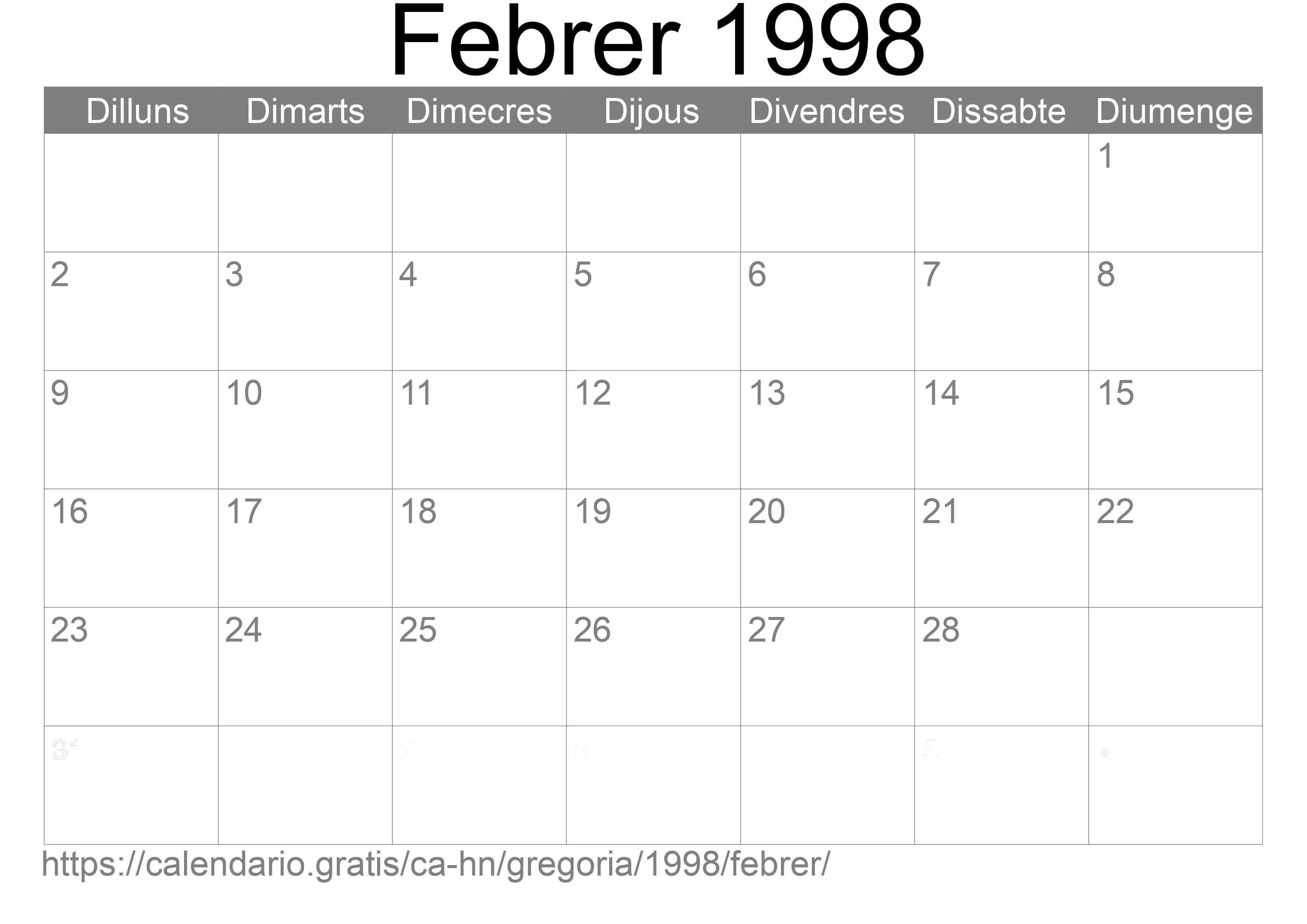 Calendari Febrer 1998 per imprimir (Hondures)