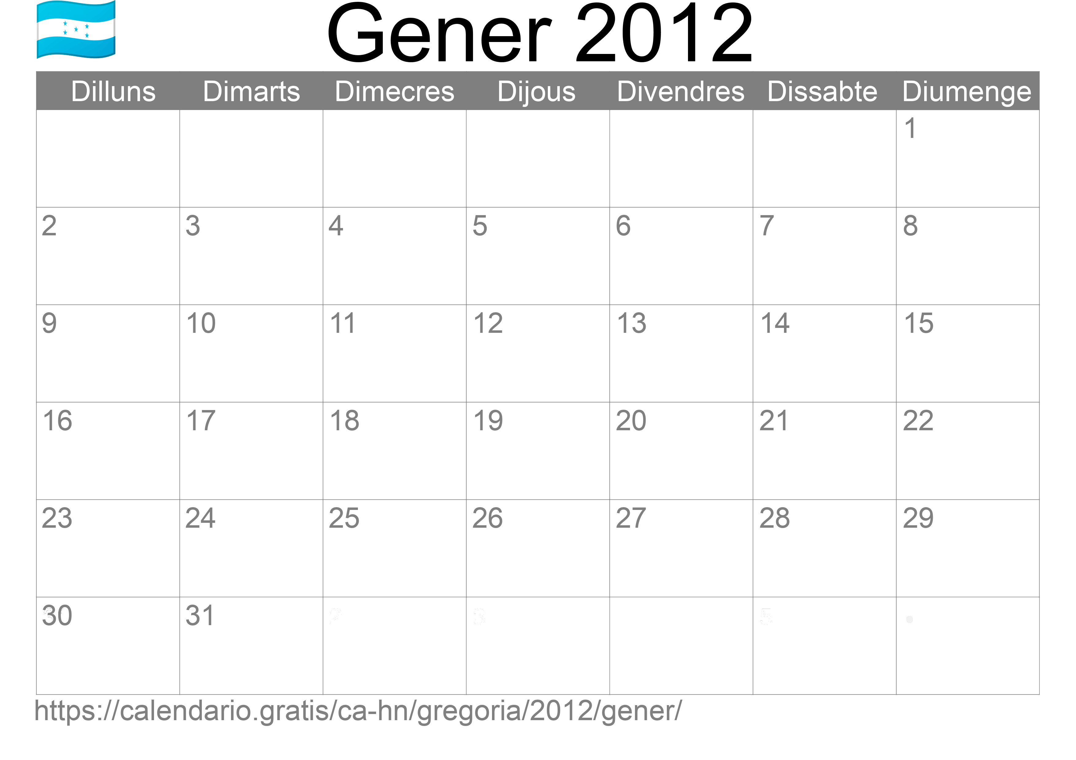 Calendari Gener 2012 per imprimir