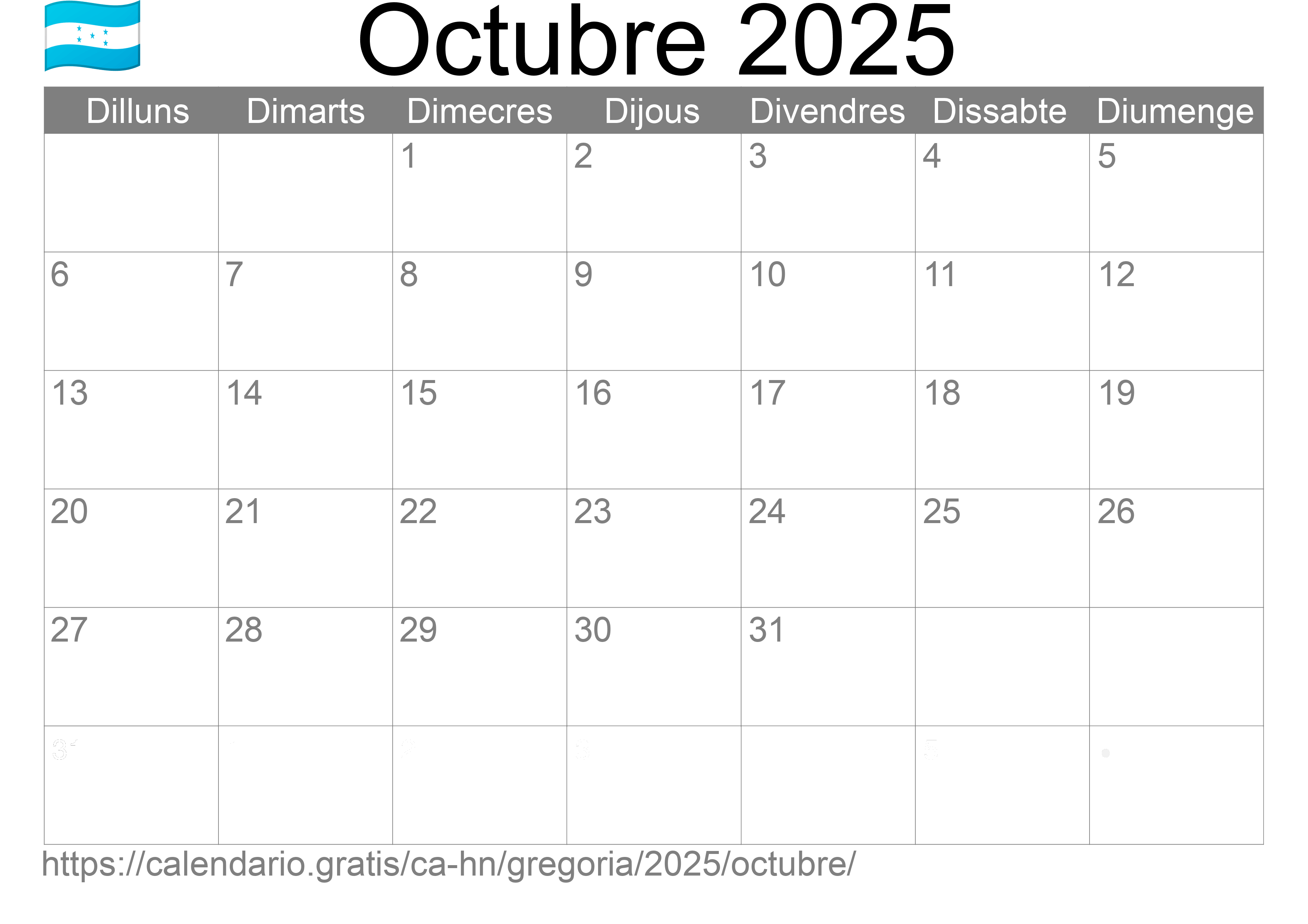 Calendari Octubre 2025 per imprimir