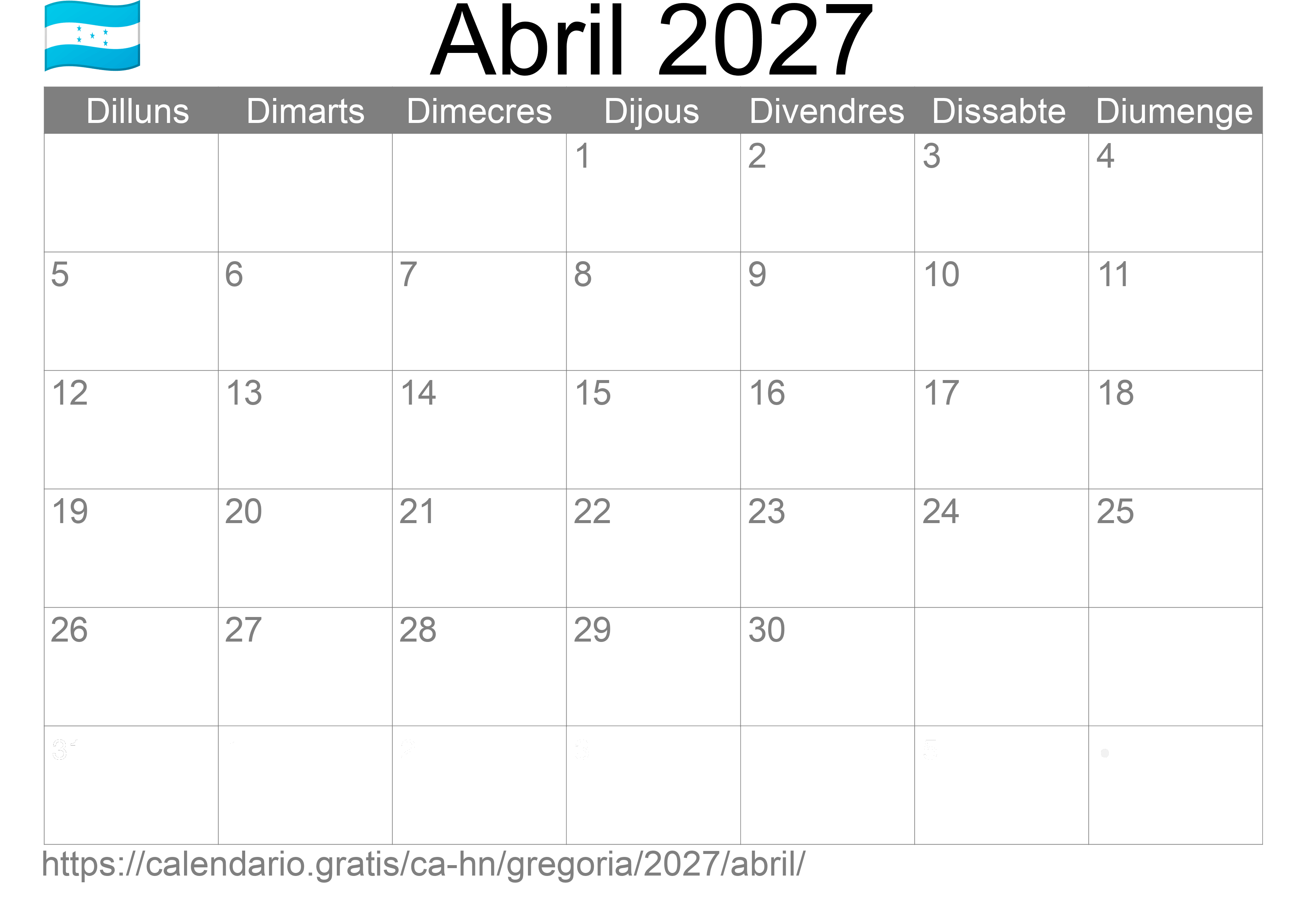 Calendari Abril 2027 per imprimir